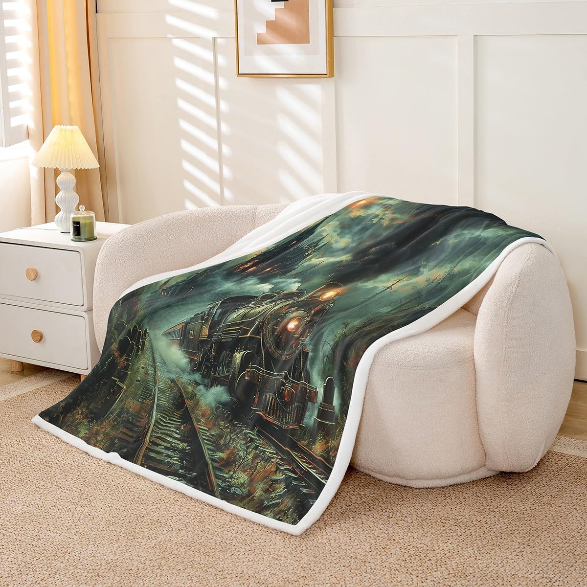 Manfei Retro Train Kids Throw Blanket,Steam Locomotive Train Bed Blanket for Boys Girls,Trippy Castle Jungle Halloween Theme Fleece Blanket,Green Fuzzy Blanket,Queen Size (90 x 90 Inches)