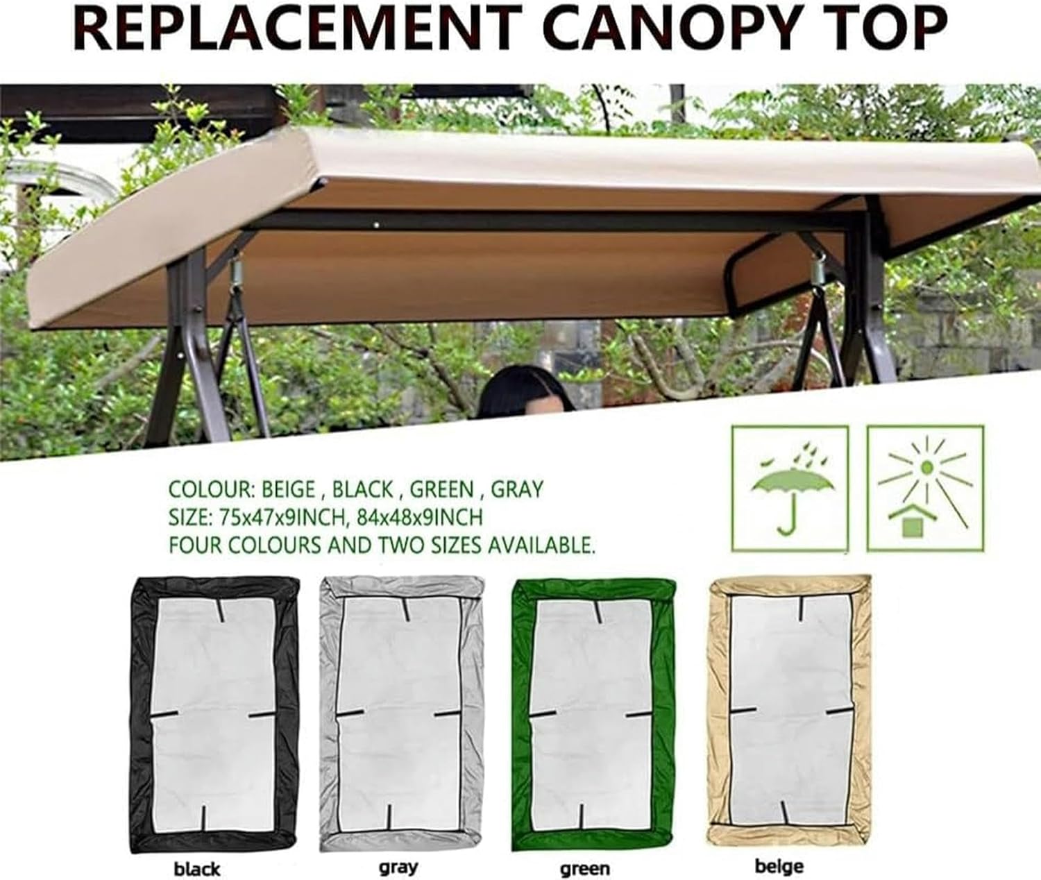 Outdoor Swing Canopy Replacement Cover 3 Seater,Universal Patio Swing Cover,Waterproof Replacement Canopy Top Cover for Garden Patio Yard Park Porch Seat Furniture (Color : Gray, Size : 75x47x9inch