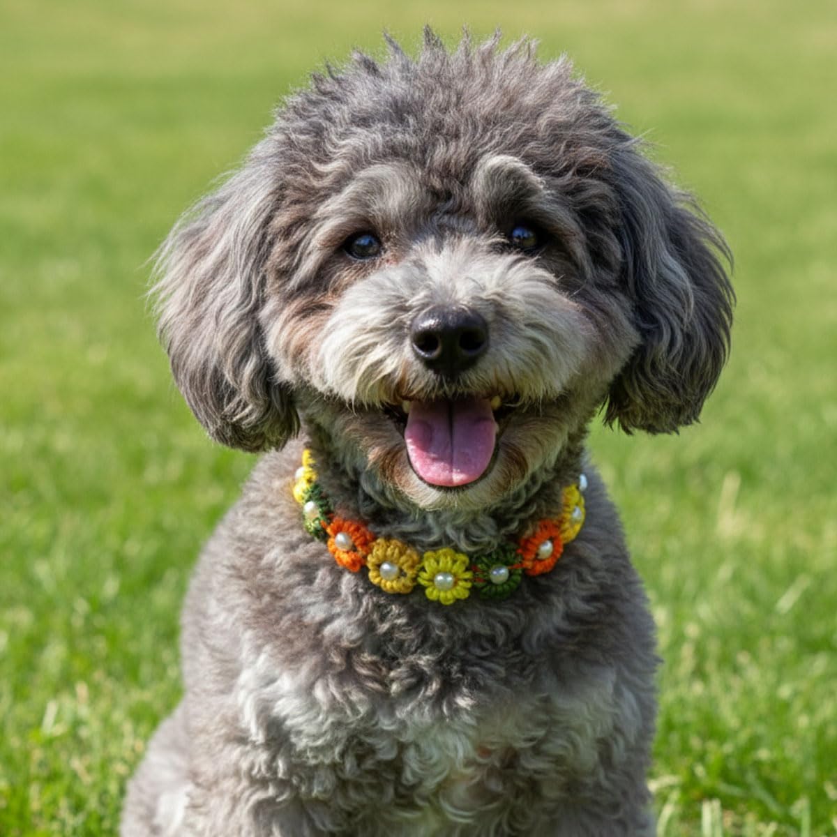 Cute Handmade Paracord Dog Collar Necklace – Unique Hand-Braided Yellow Tone Multi-Color Flower Design Pet Accessory for Medium Dogs Fit 12-16" Neck Size M