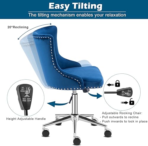 Miniatura 5 de VINGLI Silla de Escritorio de Terciopelo Azul Marino sin Brazos para Oficina en Casa con BaseRuedas Doradas, Linda Silla de TocadorMaquillaje con