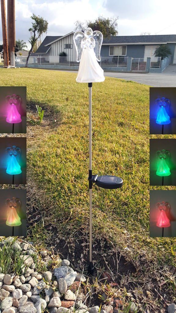 Solar Powered Angel w/Frosted Skirt Garden Stake Landscape Color Change Lights (Set of 2)