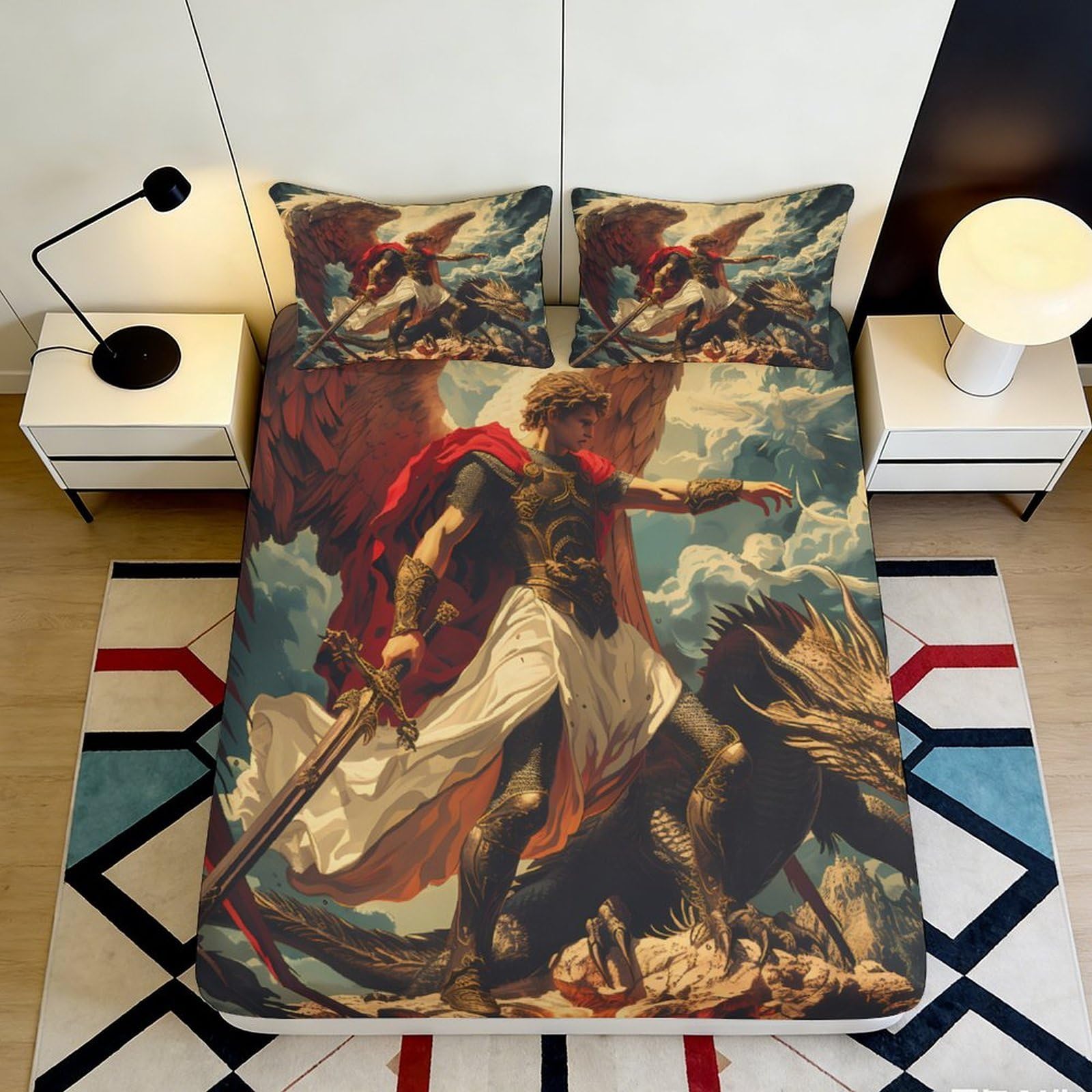 3D Printed Angel Warrior Fitted Sheet Microfiber Soft Breathable Red Cape Dragon Mattress Cover for Bedroom Decor 160x200x25cm