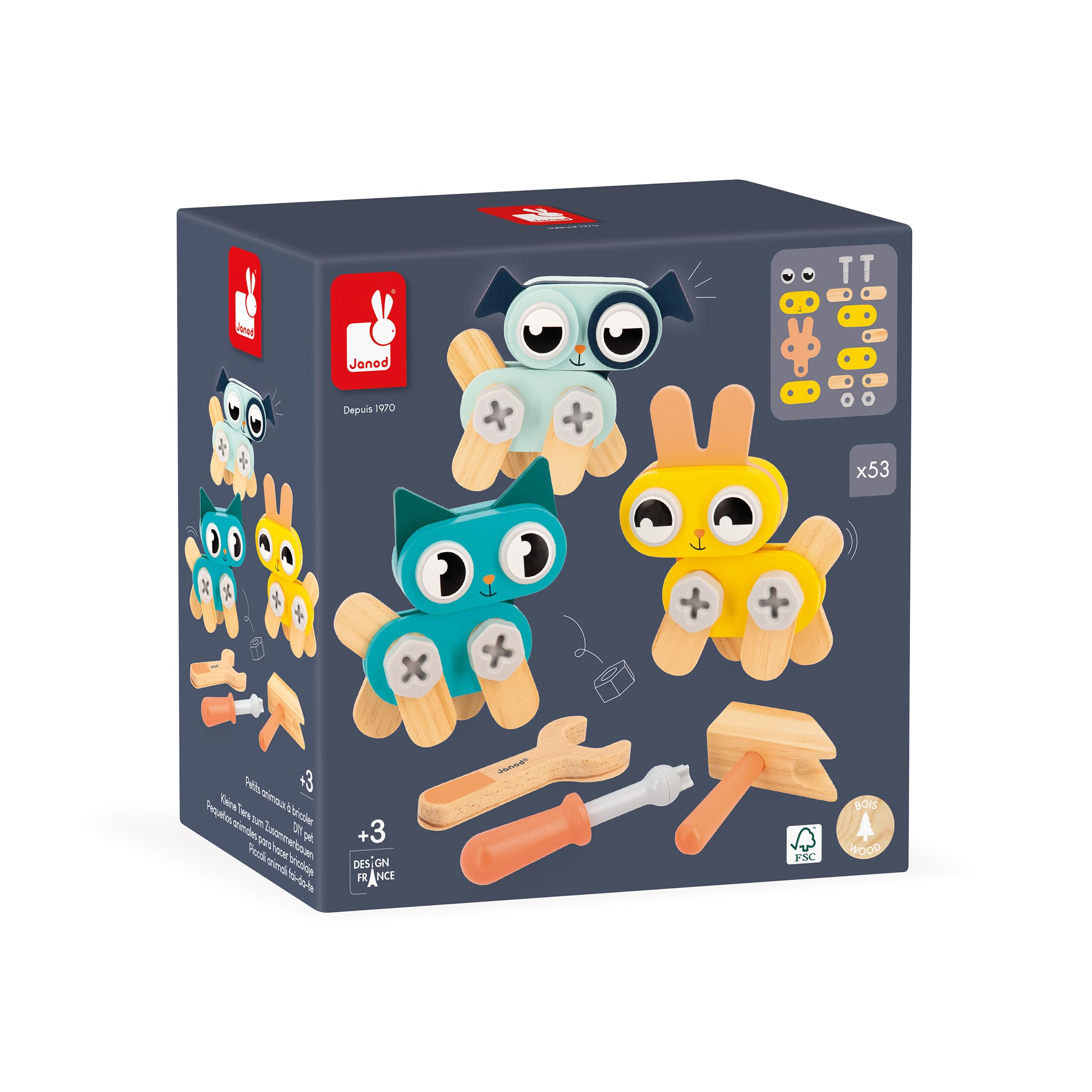 Janod - Mon Premier Jeu de Construction - 3 Petits Animaux - Chat, Chien, Lapin - 53 Accessoires - Développe Dextérité & Créativité - 3 Ans + - J06450