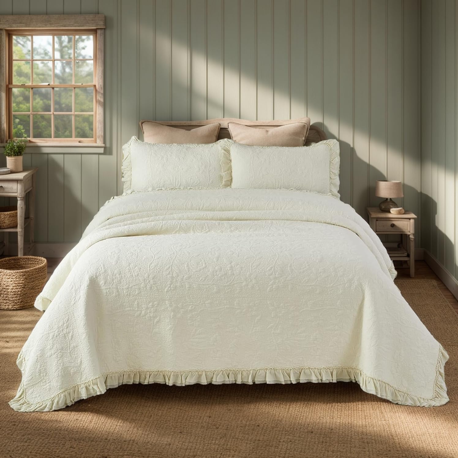 Brandream King Size Quilt Set Cotton Cream Pale Yellow Quilts Cottagecore Bedding All Season Ruffle Bedspread 3-Piece - Image 7