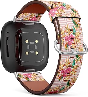 CJBROES Replacement Leather Watch Band, Compatible with Fitbit Versa 3 and Fitbit Sense of Wristband Bracelet Accessory - Summer-Tropical-Birds