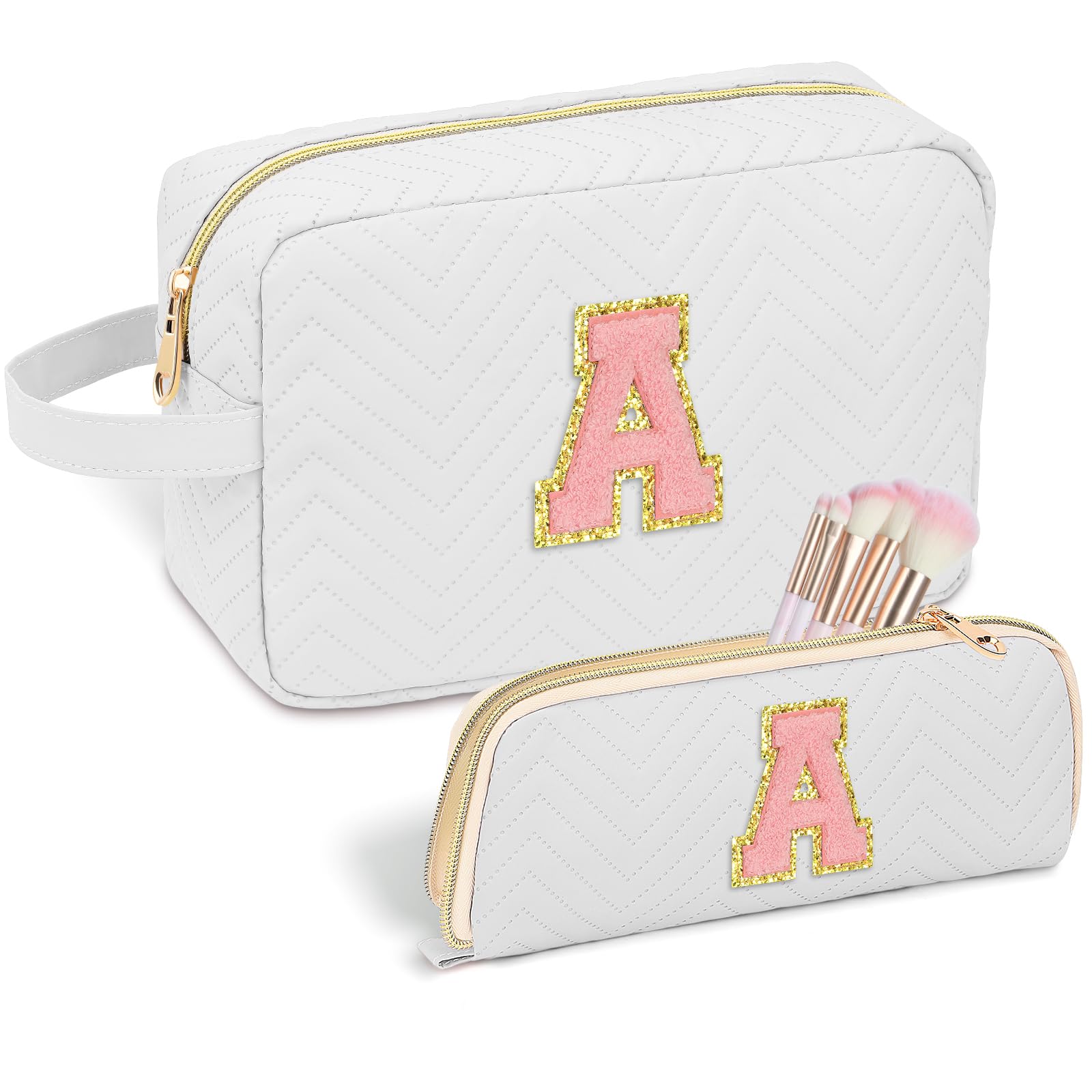 Personalized Initial Makeup Bag Trendy Stuff Leather Waterproof Cosmetic Bag Travel Toiletry Bag, Makeup Organizer Case Mother's Day/Birthday/