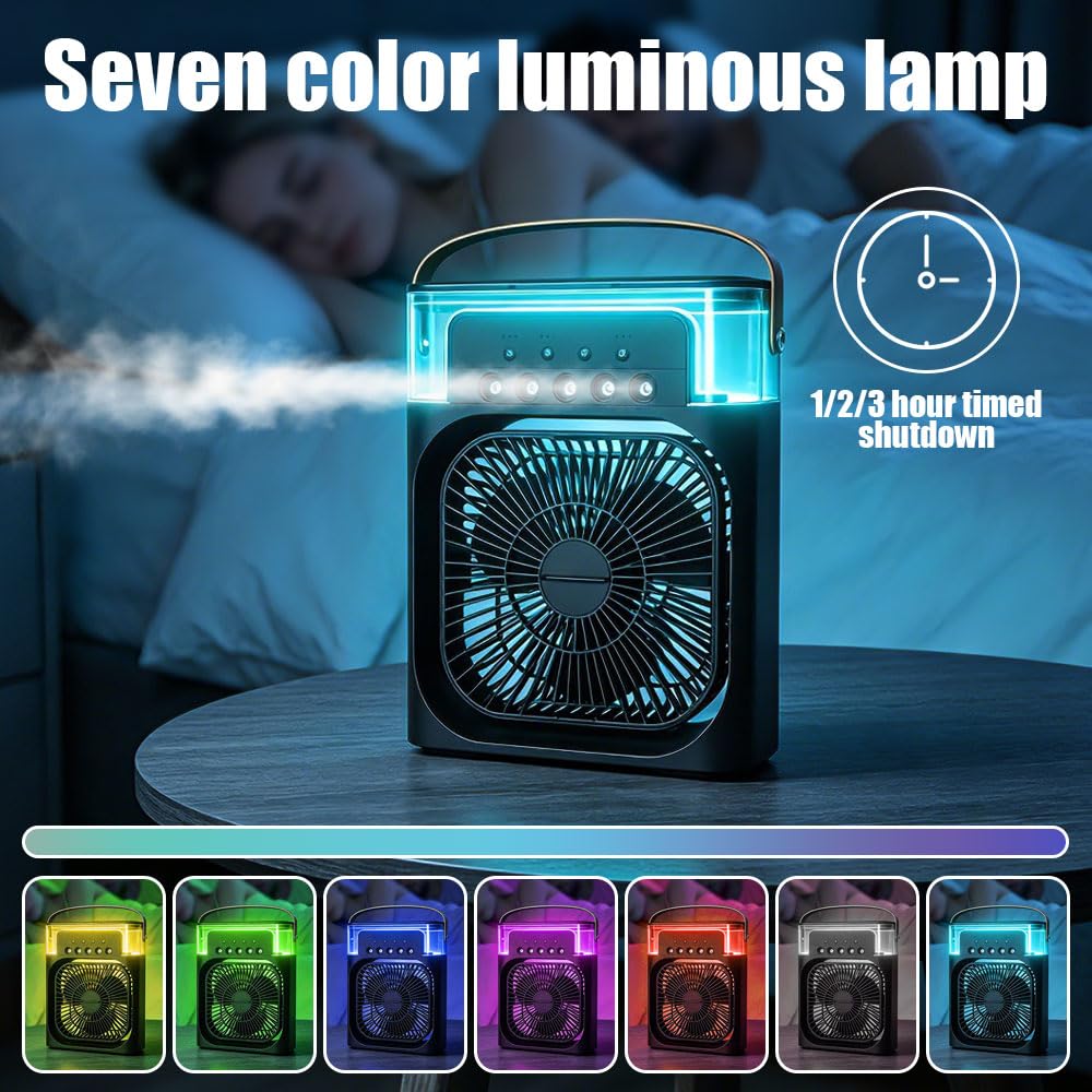 Foreverup 3 w 1 Air Cooler, przenośna chłodnica powietrza, USB przenośny klimatyzator z 3 prędkościami i trybem spryskiwania, zbiornik na wodę 600 ml, timer, LED 7 kolorów, do domu, biura, sypialni