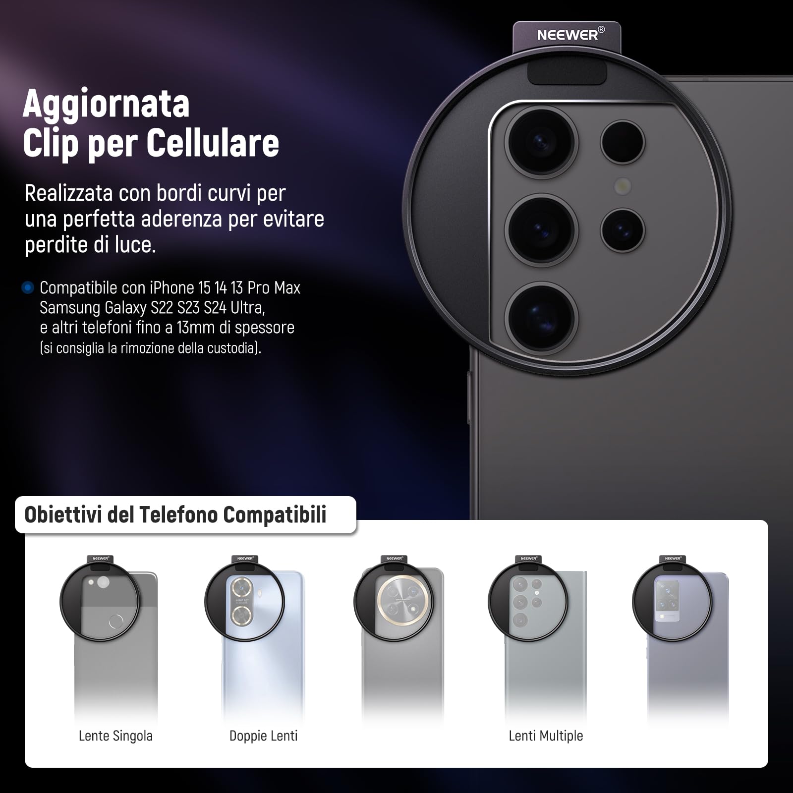 Neewer Kit filtro per obiettivo del telefono ND2-ND32 variabile da 67 mm, clip per telefono con anello adattatore filettato/scarpa fredda/manopola di bloccaggio, filtro ND variabile HD per iPhone 15