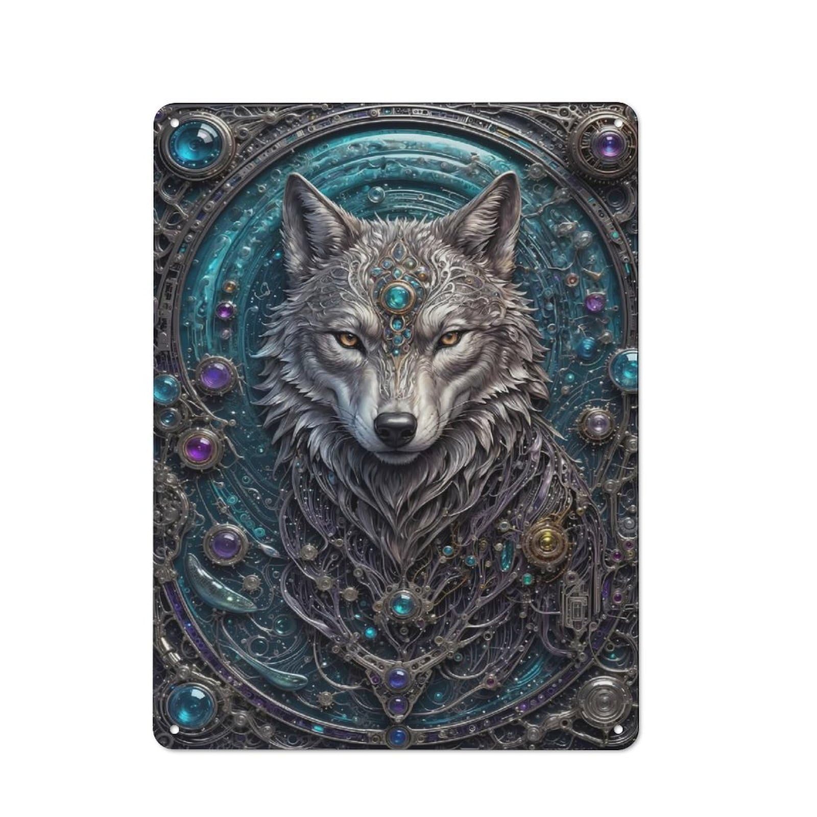 Junmoney Style-19 Metal Sign 40X30cm With Cybernetic Wolf Portrait For Workshop Wall, Vintage Decor, For Vintage Wall Decor Fans, For Metal Sign Collectors