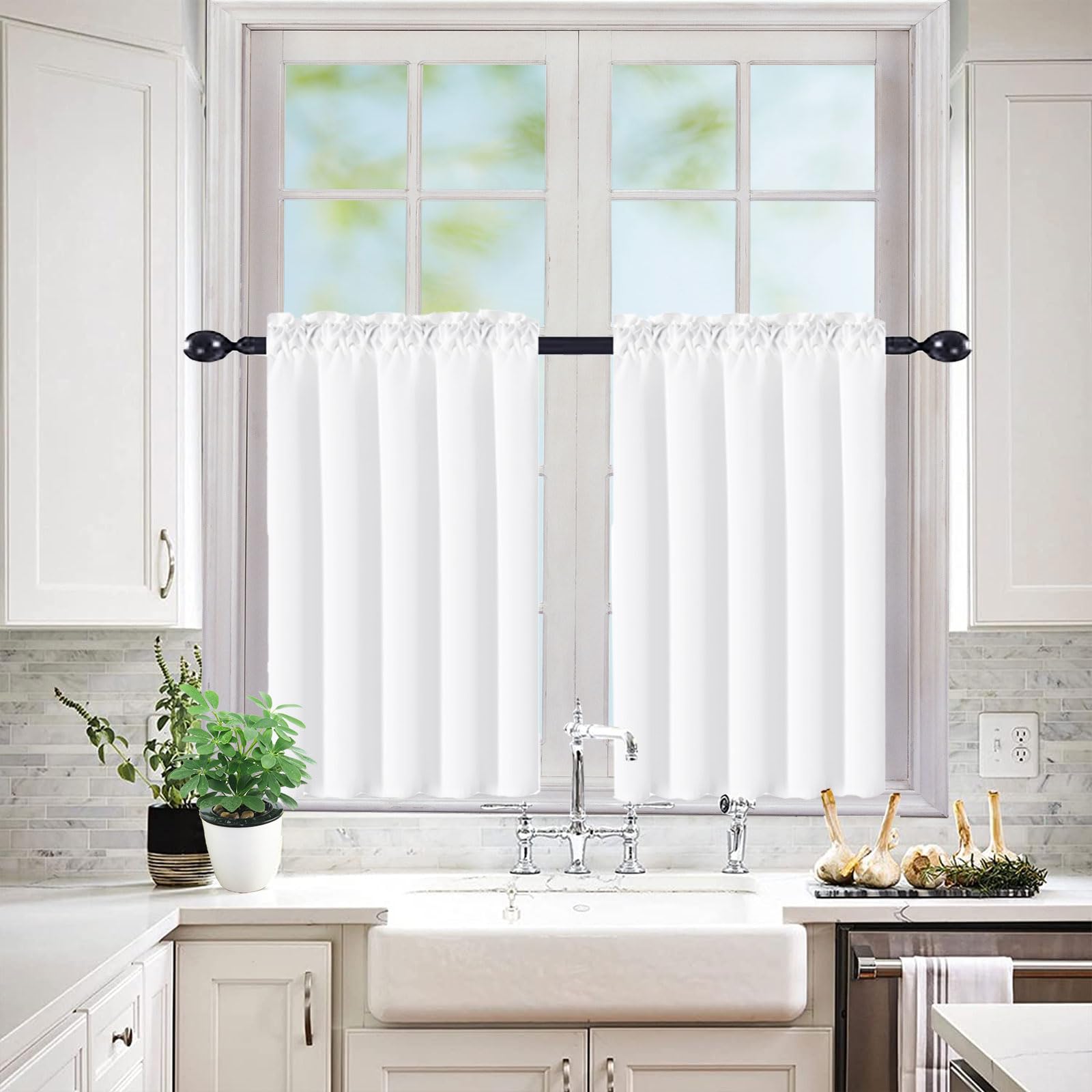 Cortinas de cocina transparentes blancas modernas, paquete de 2 cortinas cortas con bolsillo para cortinero, para sala de estar, dormitorio, tratamiento de ventana, 84 pulgadas de largo, filtran la