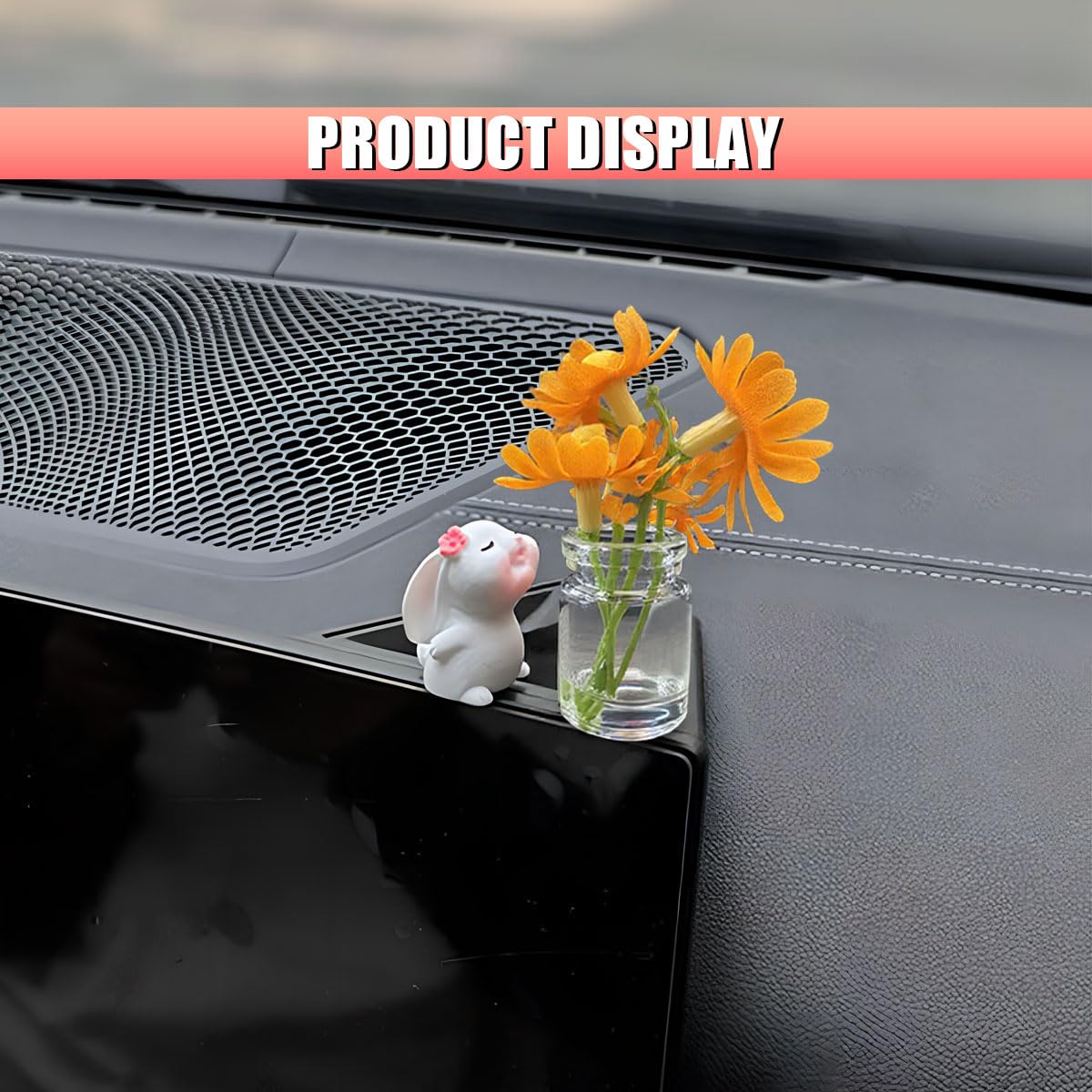 Cute Rabbit Car Dashboard Decorations Funny Bunny Rear View Mirror Accessories with Daisy Flower Aesthetic Decorations Interior Ornament — view 5