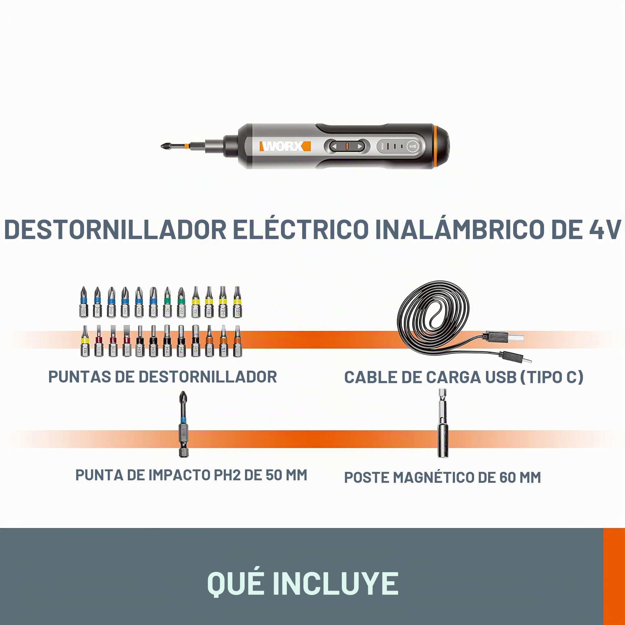WORX Mini destornillador eléctrico WX240 de 3,6 V (4 V máx.) con par de 3 engranajes, potencia de 5 Nm, 24 puntas de destornillador, luz LED, ligero, inalámbrico, carga USB C, ideal para proyectos de