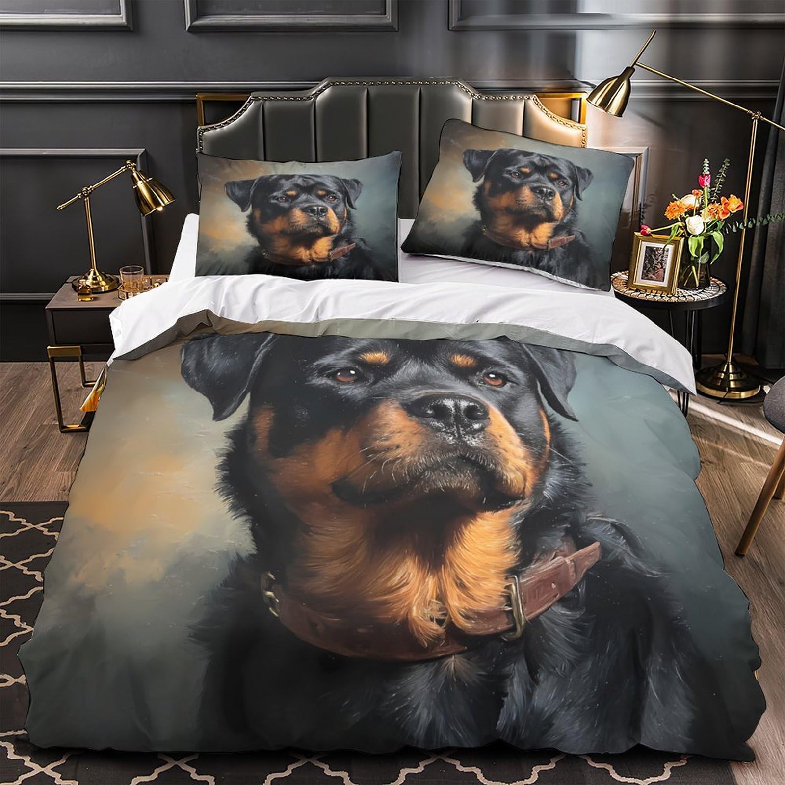 Housse de couette Rottweiler 3D parure de lit microfibre lit double 200x200