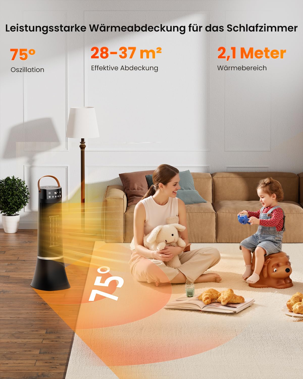 Heizlüfter Energiesparend, 2000W Klein Heizung Elektrisch mit Fernbedienung, Thermostat, 12h Timer, 3 Modus, Heater Überhitzungs Und Kippschutz, 75° Oszillation, PTC Keramik Elektroheizung (C)