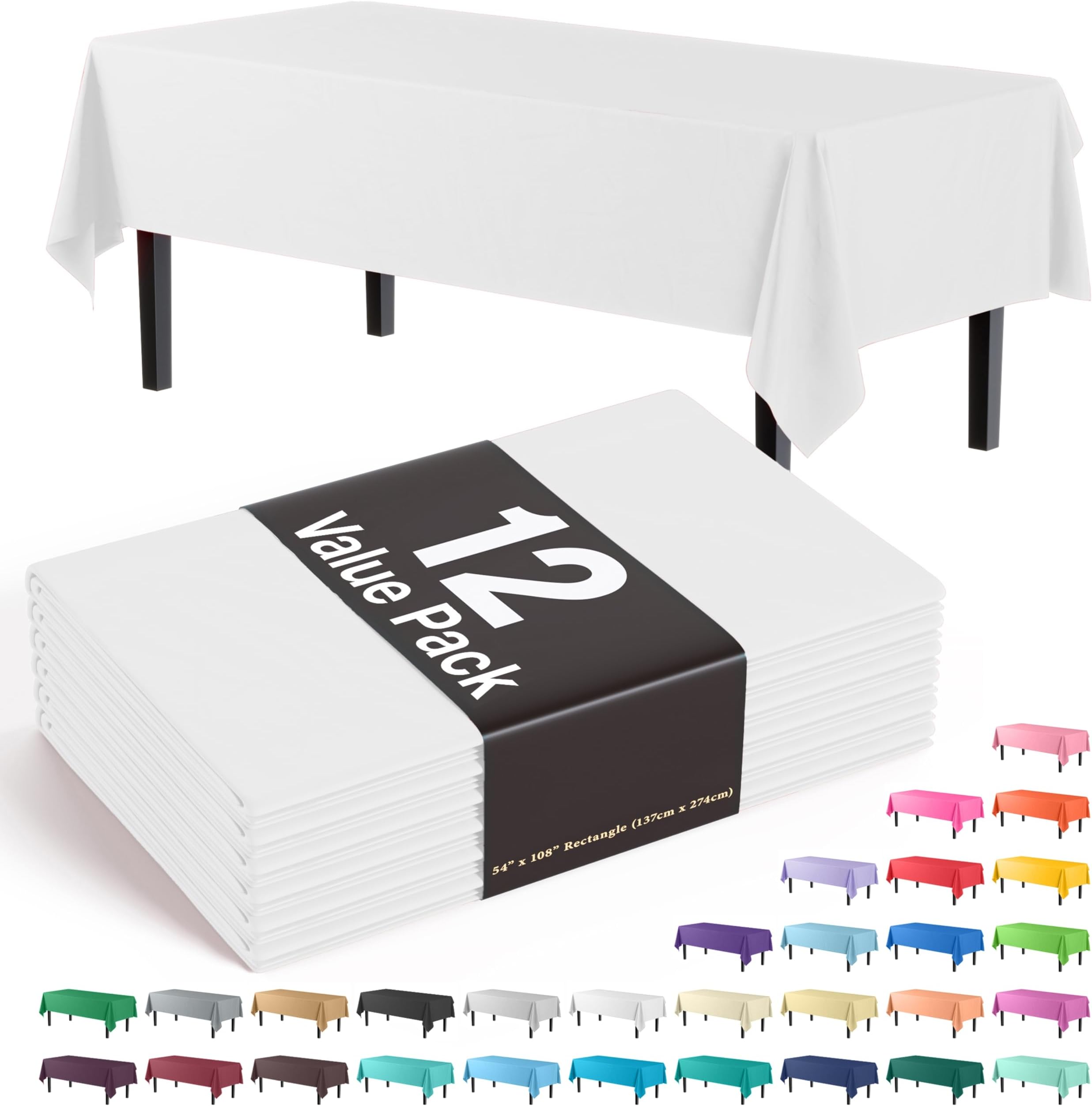 Exquisite 12-Pack Plastic Tablecloth 54x108 Rectangle Value Pack Plastic Table Cover - White