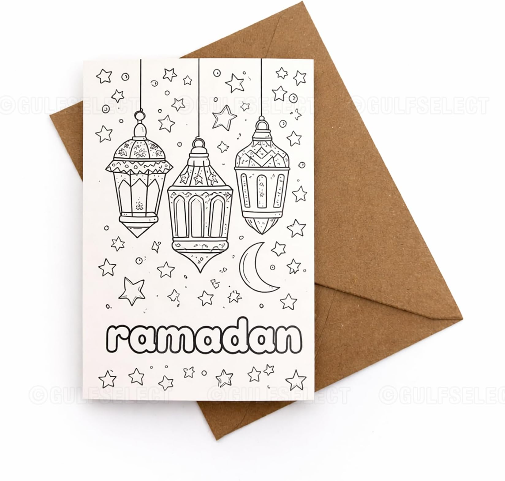 GULFSELECT Ramadan Greeting Card with Envelope, Folded Blank Card for Writing Wishes, Lantern & Moon black outline illustration style Design Ramadan Mubarak Card (LINEART- Minimal Lantern Moon 01)