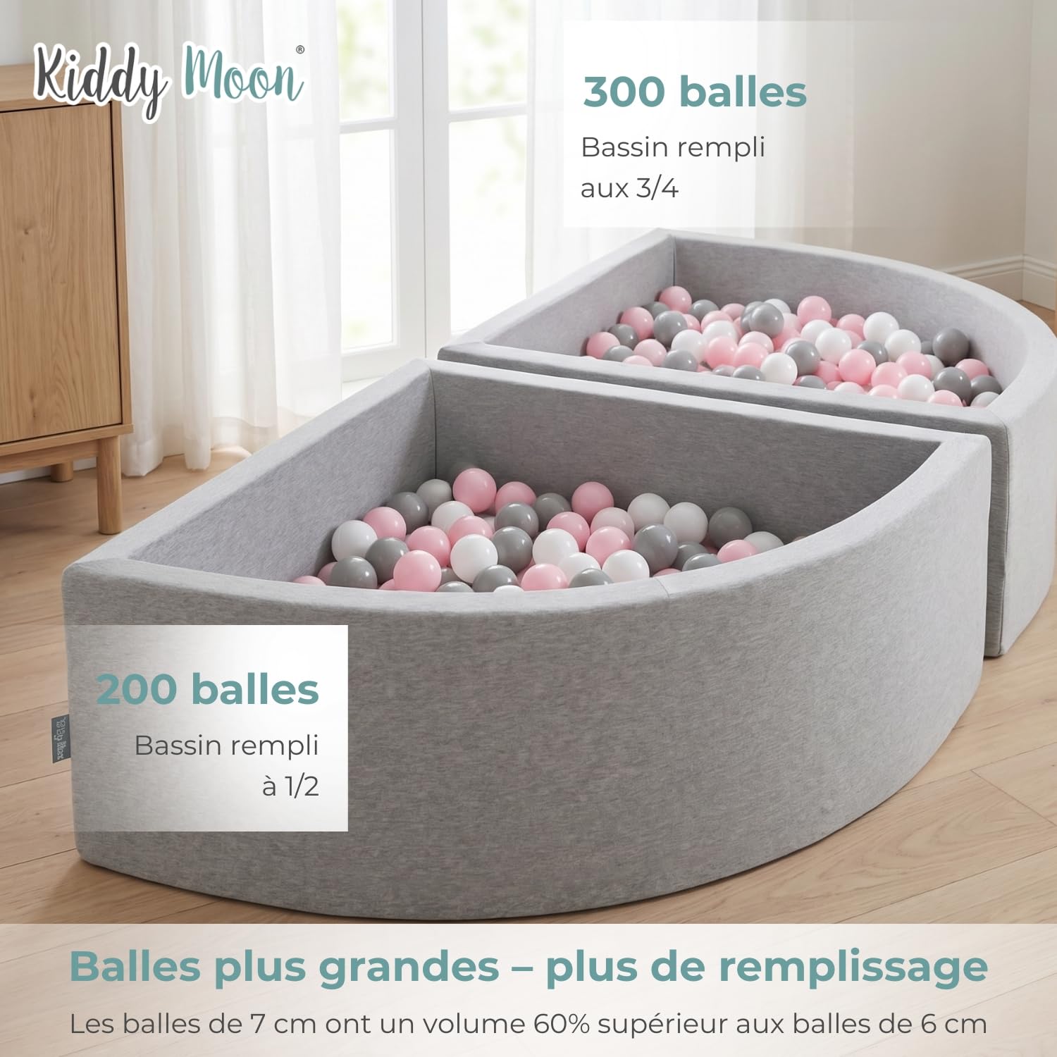 KiddyMoon Piscine à Balles Quart d'angle 90x30cm avec 200 Balles 7cm Bac à Balles en Mousse pour Bébé et Tout-Petit - Gris Clair: Gris Blanc Turquoise