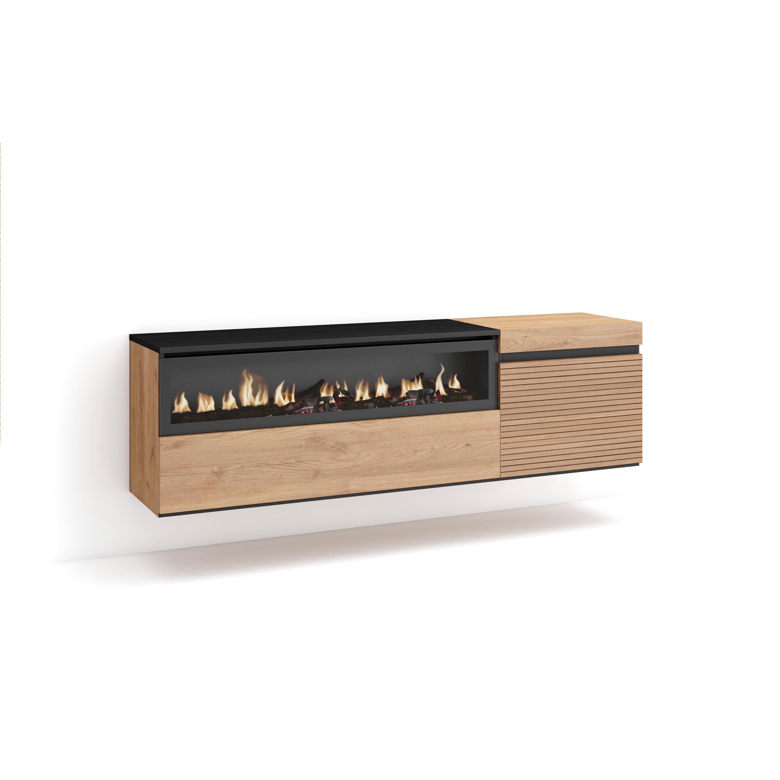 Skraut Home | Mueble TV | Televisión | Muebles de salón, almacenaje | 150x45x35cm | para TV hasta 65" | Chimenea eléctrica | Colgado, Suspendido | Estilo Moderno | Roble