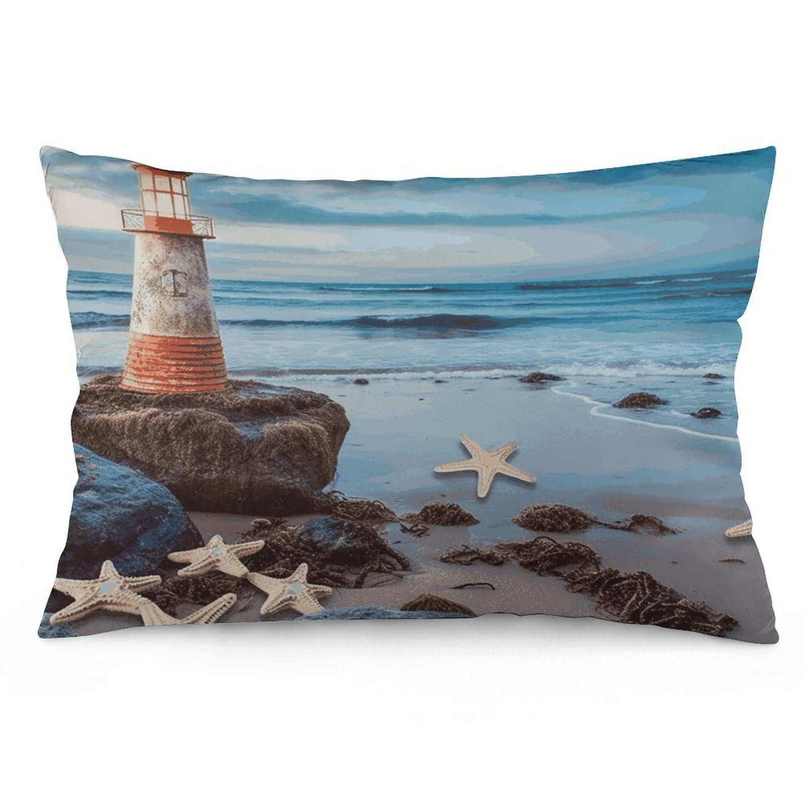 Starfish Lighthouse Beach Throw Pillow Covers with Silent Zipper Polyester Pillow Protectors Removable Pillow Cases Soft Pillowcase Cozy Pillow Sham Cushion Cover for Sofa Car Bed 20"x30"