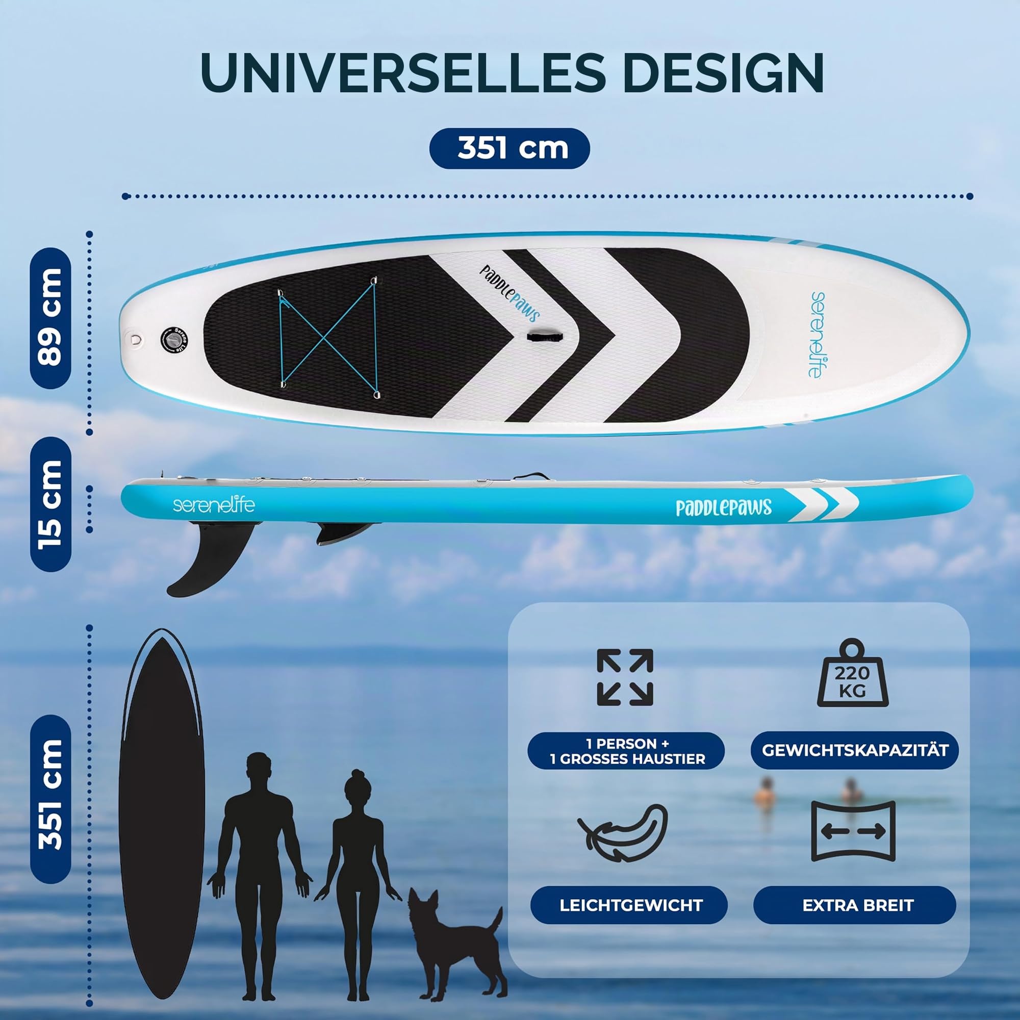 SereneLife SUP Board Aufblasbar Set – Stand Up Paddling Board mit Zubehör, rutschfestes EVA-Deck für See, Fluss, Touring und Freizeit