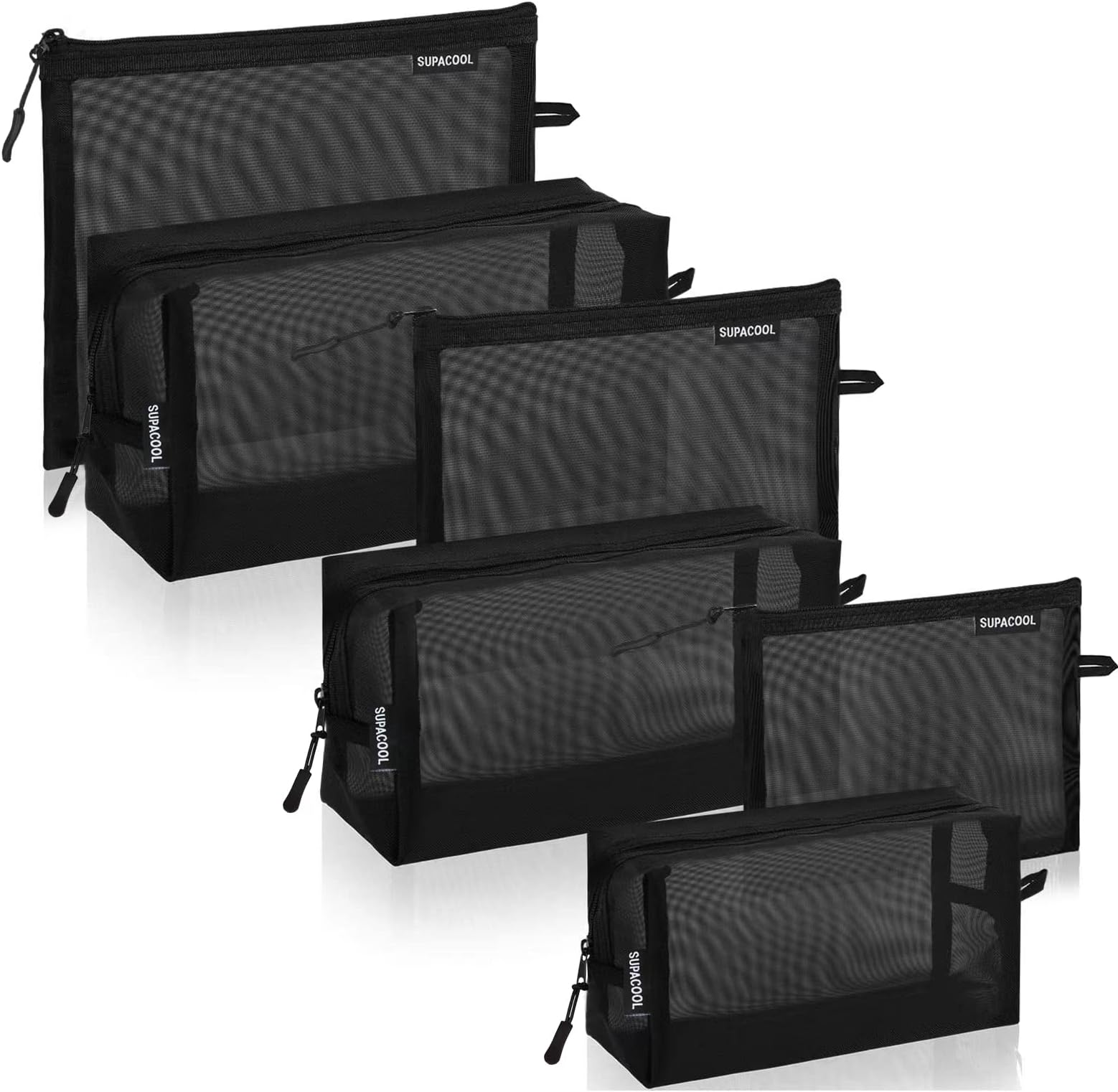 SUPACOOLSet of 6 Travel Mesh Makeup Bag, Cosmetic Organizer Bag with Zipper, Diaper Organizing Pouches, black