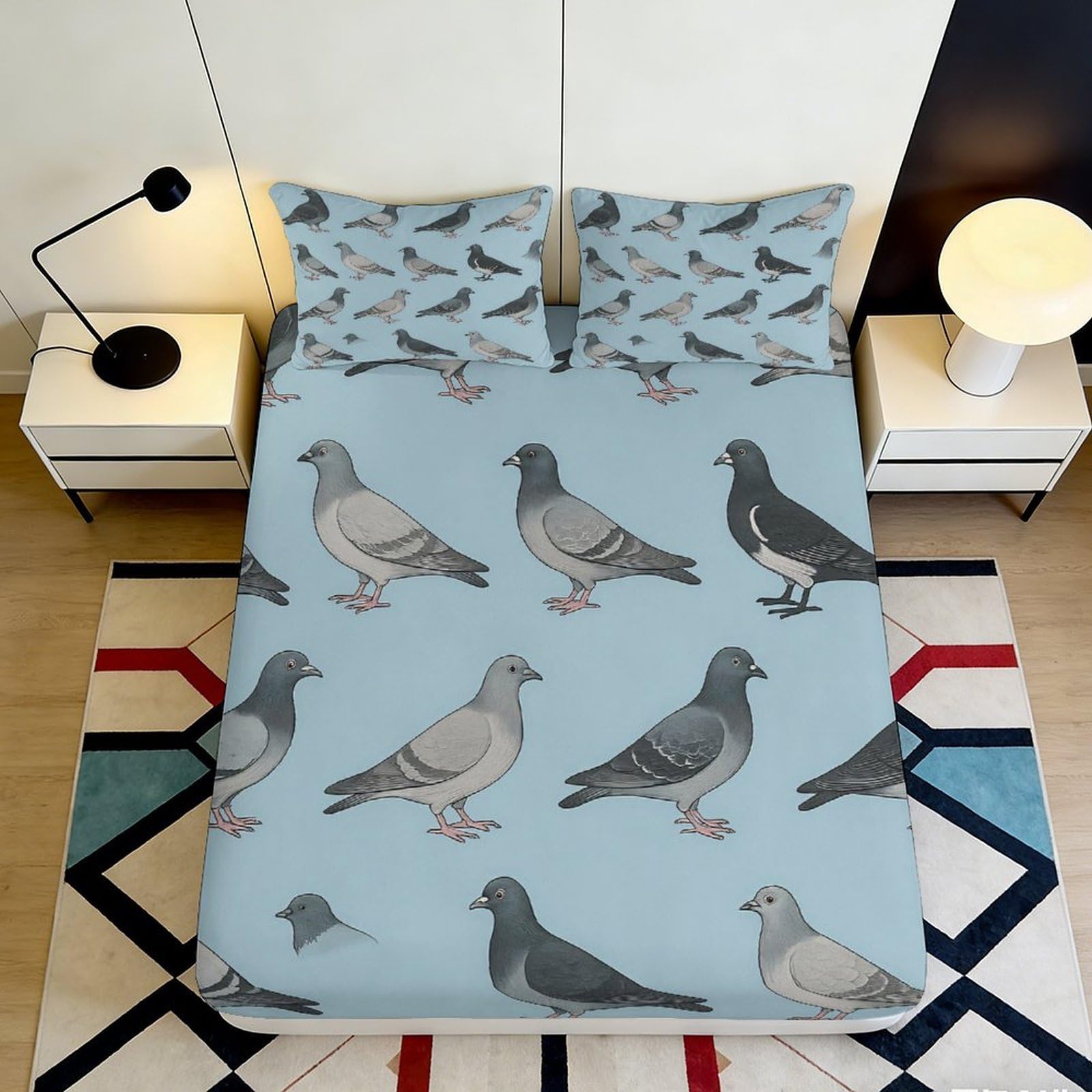 3D Printed Pigeon Bird Pattern Fitted Sheet Microfiber Blue Mattress Cover Anti-Slip Easy Care for Bedroom Guestroom 90x200x25cm