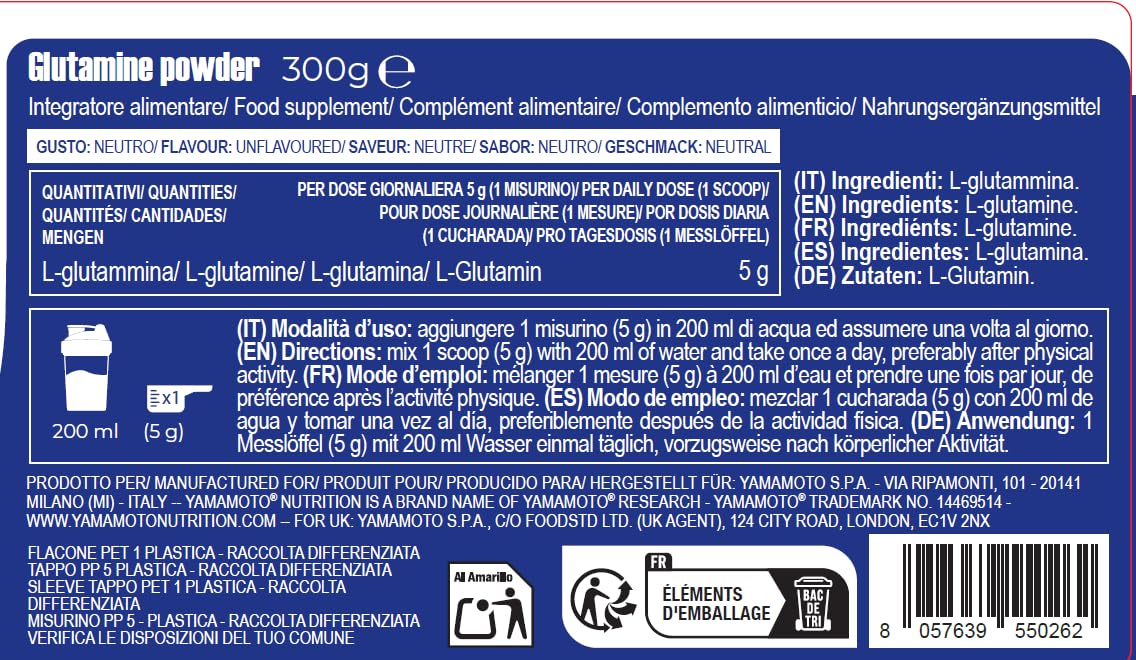YAMAMOTO NUTRITION Glutamine POWDER 300 gr, Integratore a Base di L-Glutammina in Polvere, Amminoacidi per Sportivi, Non Aromatizzato