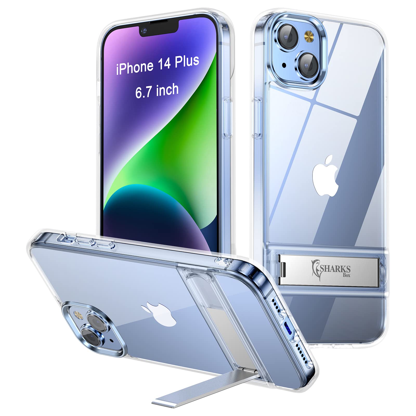 Crystal Clear Compatible with iPhone 14 Plus Case Clear Back Cover Combo PC and Soft TPU Bumper Three-Way Stand Military Grade Drop Proof Case for iPhone 14 Plus 6.7 Inch-Clear Stand