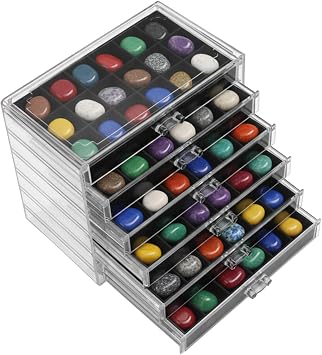 Rock Display Case, 6 Drawers 108 Grids Crystal Storage Box, Rock Collection Box, Acrylic Gemstone Box, Storage Stone Cases, Fossil Display Case Stone Organiser for Jewellery Collectibles,Black