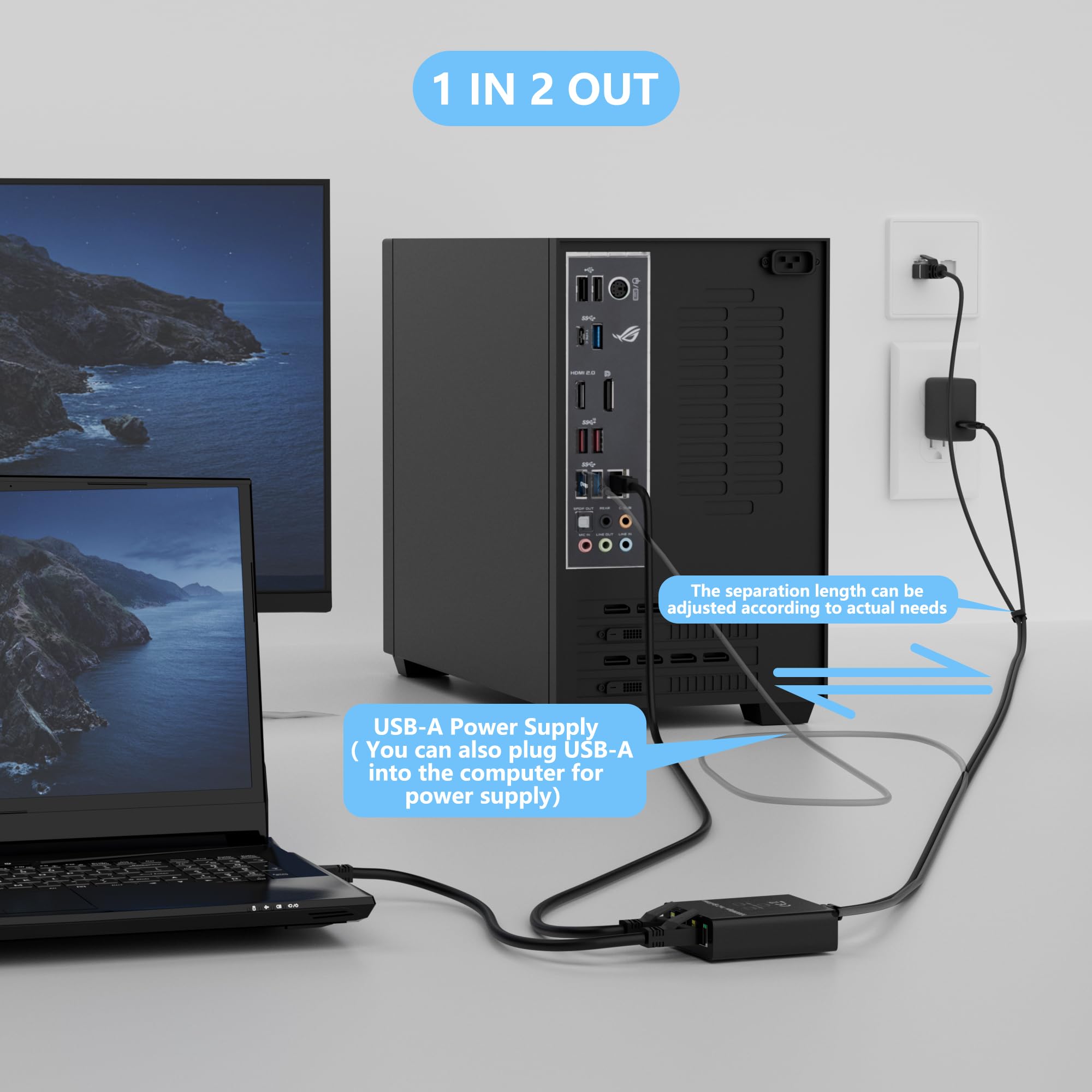 Gigabit Ethernet Splitter 1 to 2 Out Adapter, RJ45 Splitter with 6FT USB Power Cable and RJ45 Input Cable 3 in 1, Network Splitter 1 Male to 2 Female, 1K Mbps High Speed, Supports Cat5/5e/6/7/8 Cable