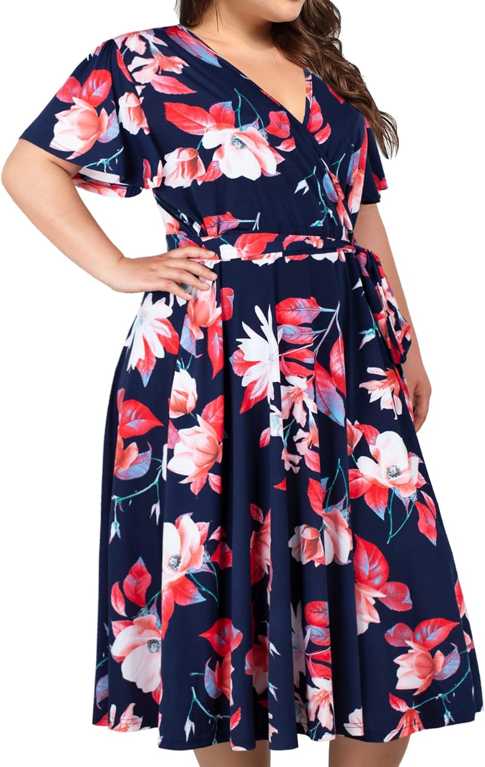 kissmay Plus Size Womens V Neck Floral Cocktail Party Midi Dresses with Pocket
