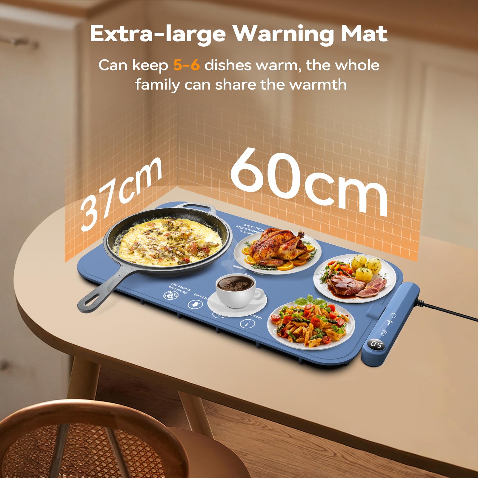 Warmhalteplatte Elektrisch mit Graphen Heizung 6-stufige Temperaturregelung 50-100°C 6h Timer Food Warmer Mat