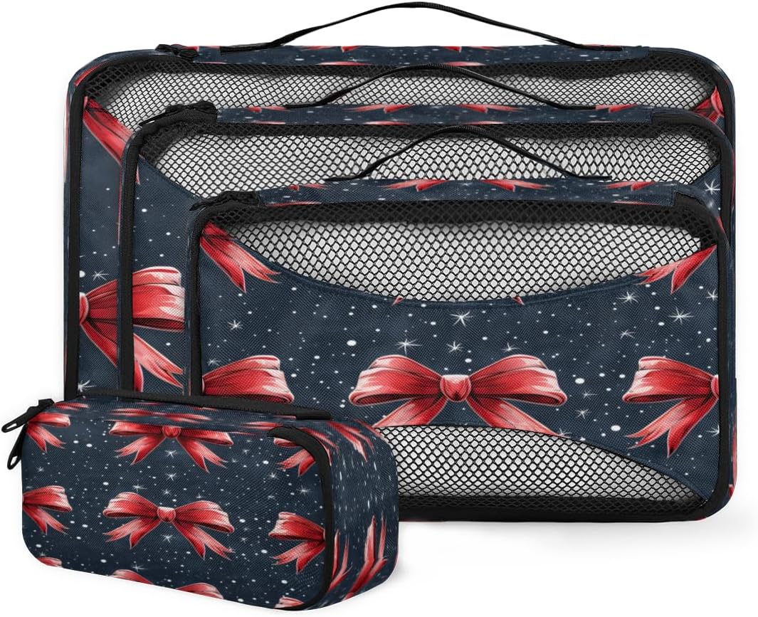 Merry Christmas Bow 4 Set Travel Packing Cubes for Women Men Lightweight Mesh Luggage Packing Organizers Bags for Travel Accessories Essentials Camping