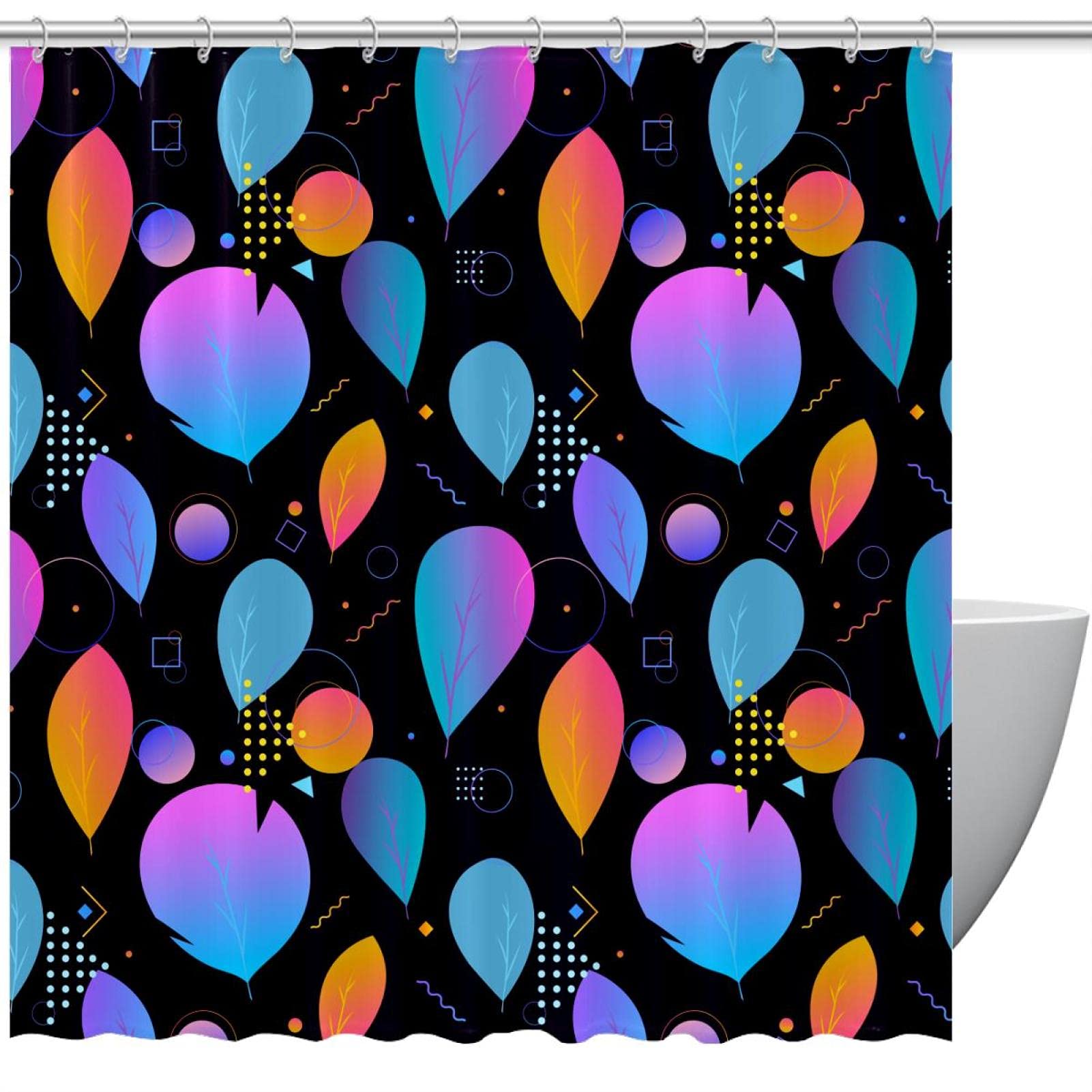 Rideau de douche feuilles abstraites coloré 183x183 cm pour baignoire avec 12 crochets inclus
