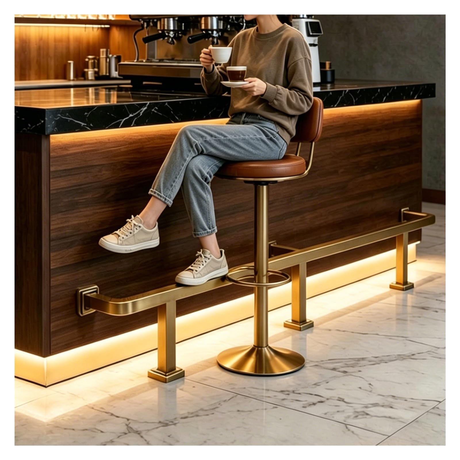 ZJKXJH Island Under Counter Foot Rail Kit with Support Post, Stainless Steel Square Tube Footrests Bars for Bar/Kitchen/Restaurant Counters(Gold,195cm/6.4')