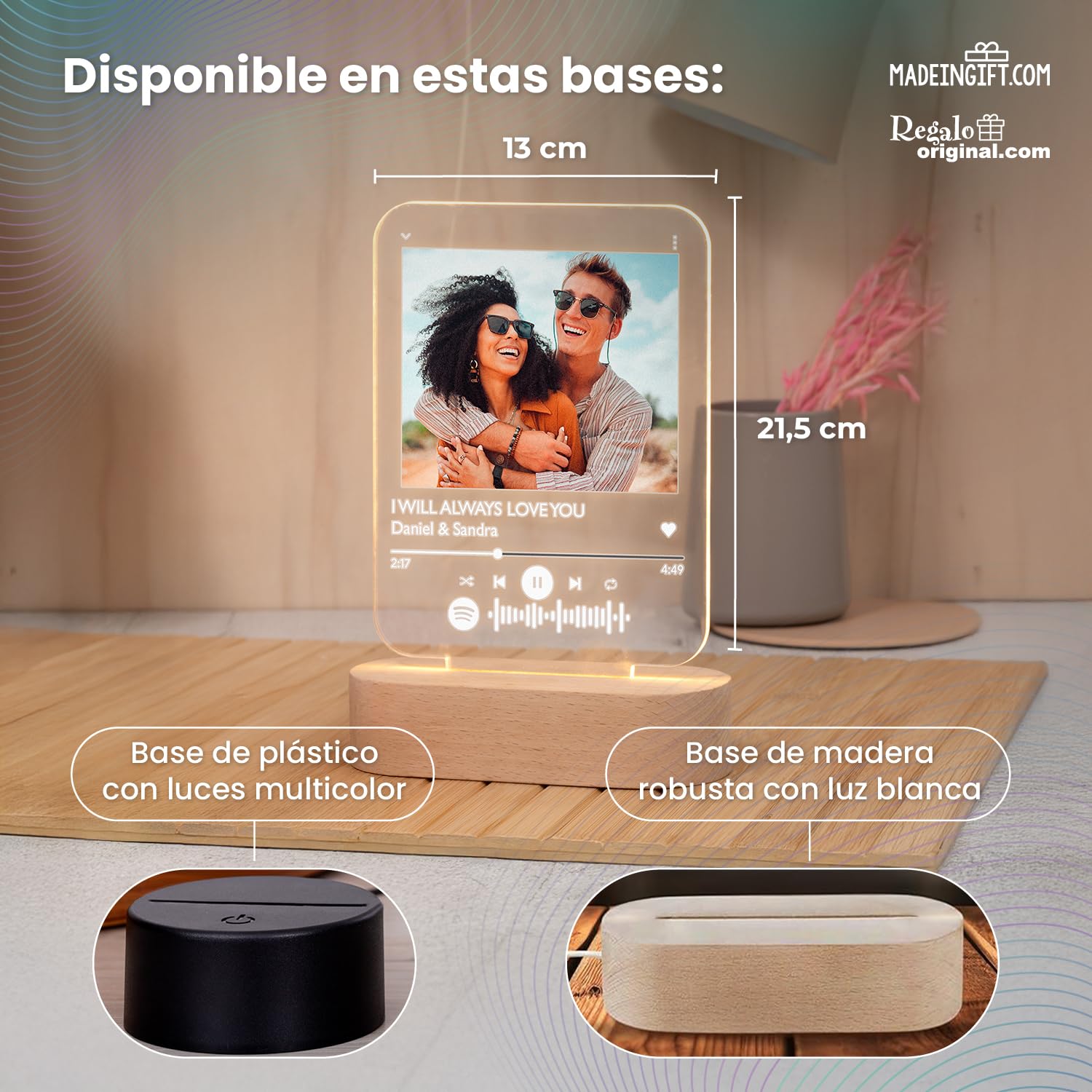 Lámpara Spotify Personalizada con Foto - Con Base o Marco - Diseño con Código Escaneable de Canción - Regalo Original para Parejas o Amigos