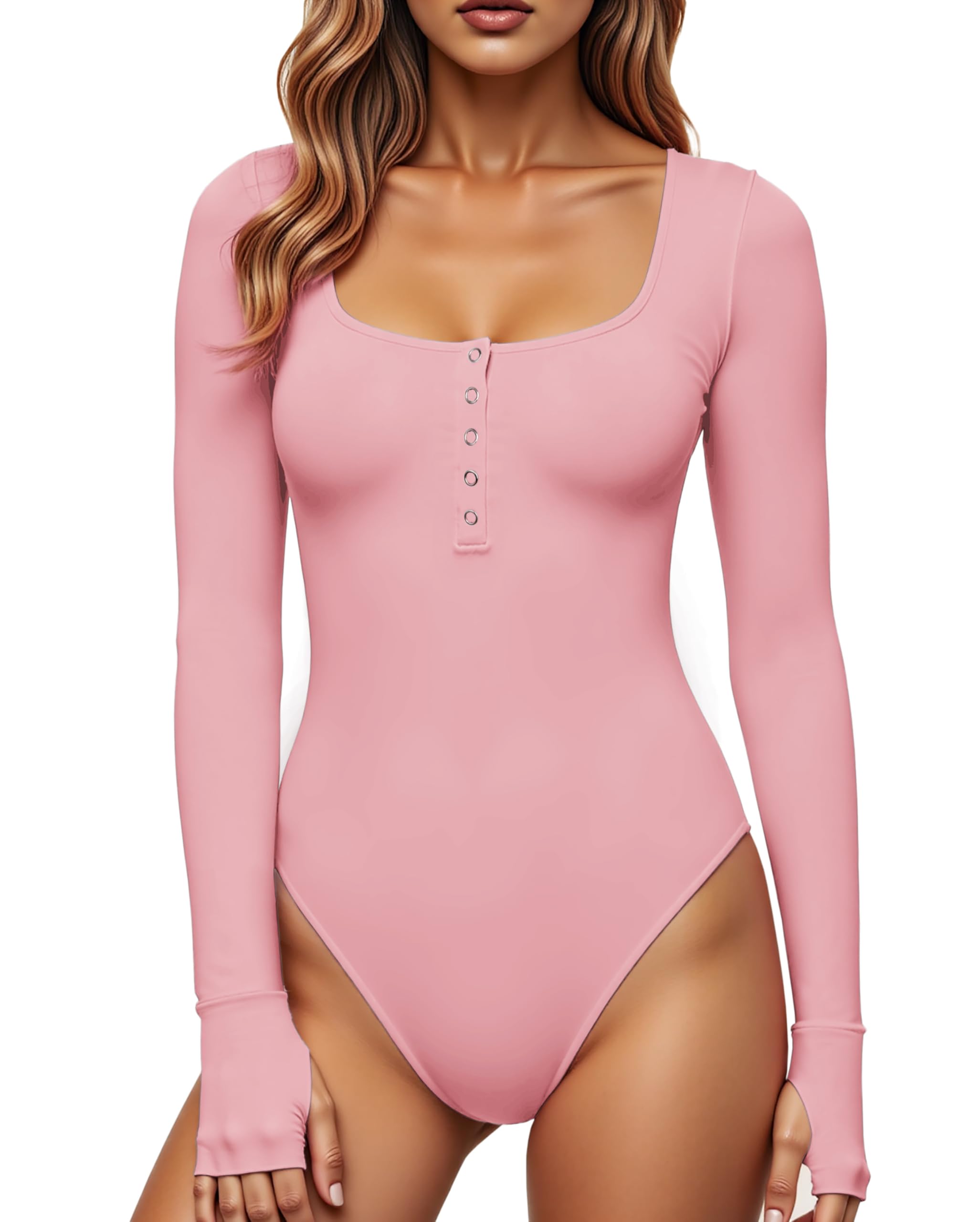 GJY Damen Bodysuits,Druckknopf-Verschluss Rundhalsausschnitt Lange Ärmel Lässiger Schmal Geschnittener Jumpsuit,Hemden Oberteile