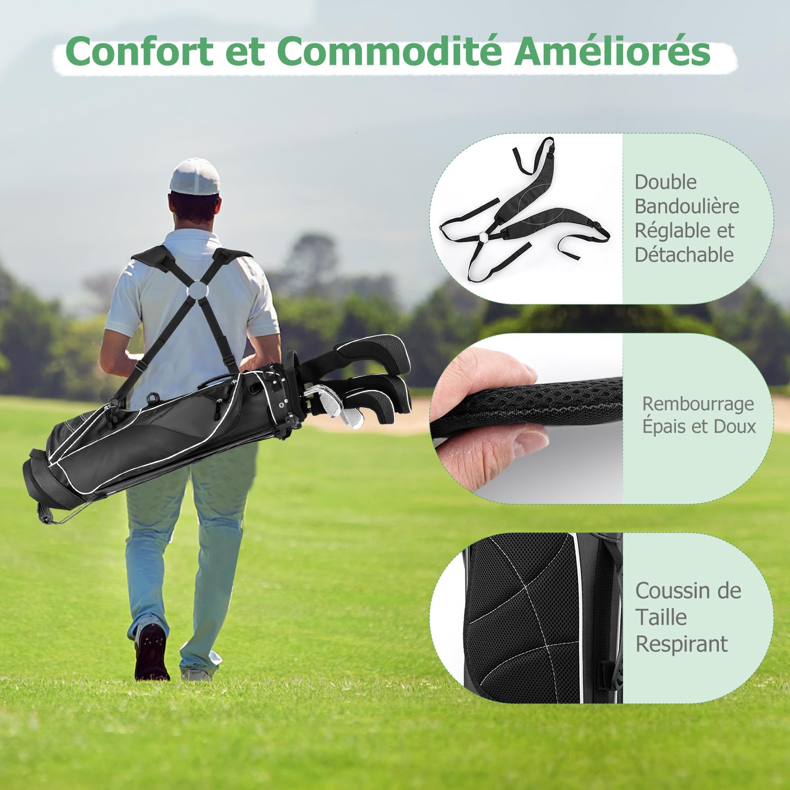 GYMAX Sac de Golf Trépied Léger, avec 4 Séparateurs pour Clubs, 4 Poches pour Tees, Boissons, Vêtements, Pieds Solide avec Patins Antidérapant, avec Capuche de Pluie
