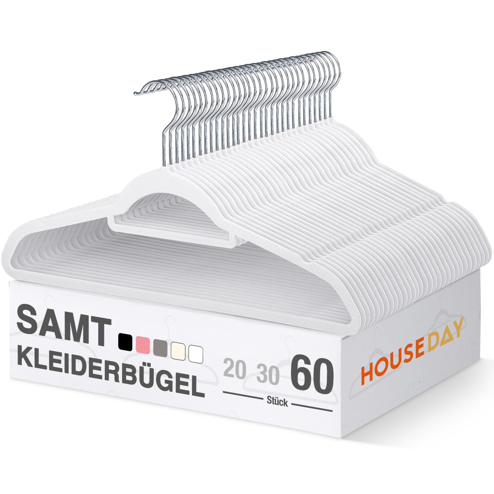 HOUSE DAY Kleiderbügel Samt 60 stück,Kleiderbügel Platzsparend Rutschfester mit Krawattenhalter,360°drehbar,geeignet für Anzüge, Jacken, Hemden, T-Shirts, Kleider und Camisolen(Weiß)