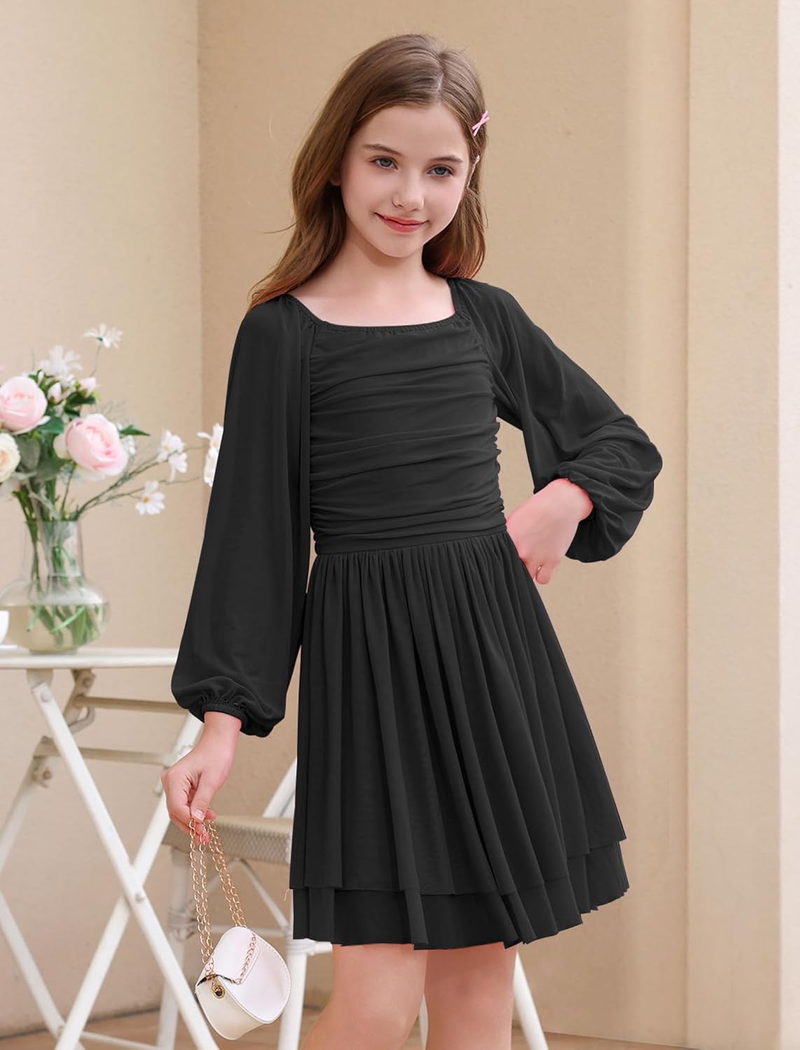 ODIZLI Kids Girls Mesh Long Sleeve Ruched Double Layered Ruffle A Line Party Dress Square Neck Fall Casual Tween Dresses