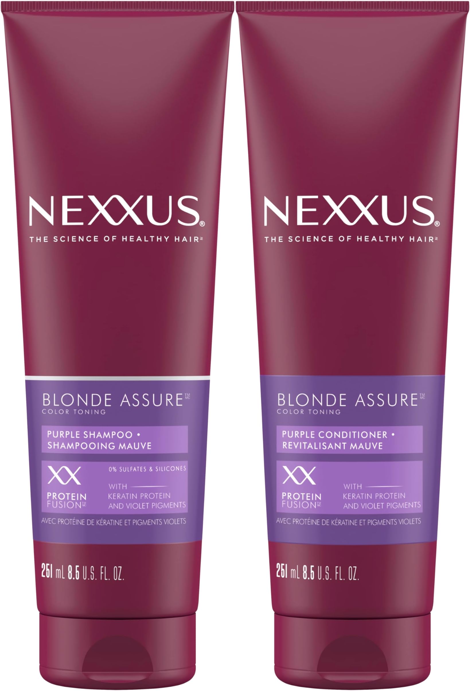 Nexxus Blonde Assure Purple Shampoo & Conditioner Color Assure 2 Pack Blonde, Bleached & Silver Hair Color Shampoo & Conditioner with Keratin Protein & Violet Pigment 8.5 fl oz