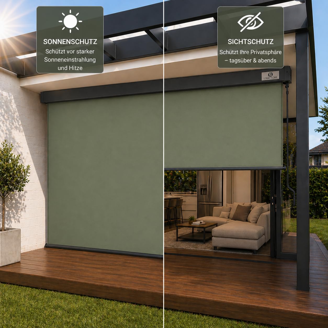 Ausziehbare Senkrechtmarkise Vertikalmarkise 160 x 250 cm - Markise mit Kurbel für Terrasse und Balkon Schutz vor Sonne Wind - Beschattung Sichtschutz Windschutz Wasserdicht - Matcha Grün
