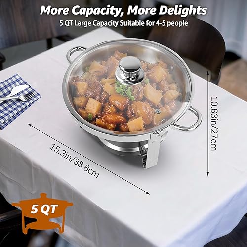 Miniatura 3 de Platos de roce para bufé, paquete de 4 platos redondos plateados de 5 cuartos de galón de acero inoxidable con soporte de tapa de vidrio para