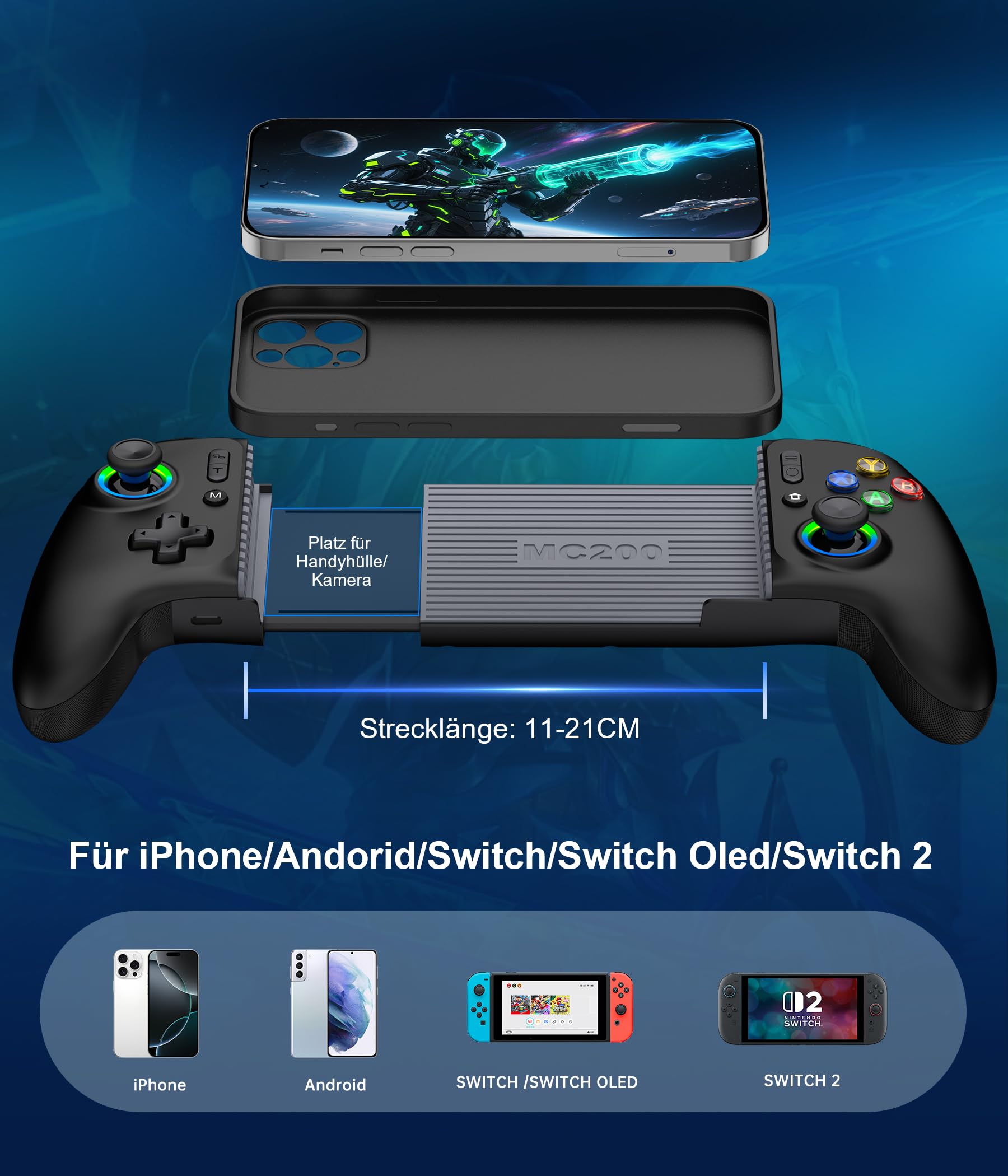 Elegamefy Handy Controller für Android/iPhone/Switch/Oled/Switch 2, Smartphone Controller mit Programmierbarem, Aufgerüstet Joystick ohne Totzonen, Led Licht