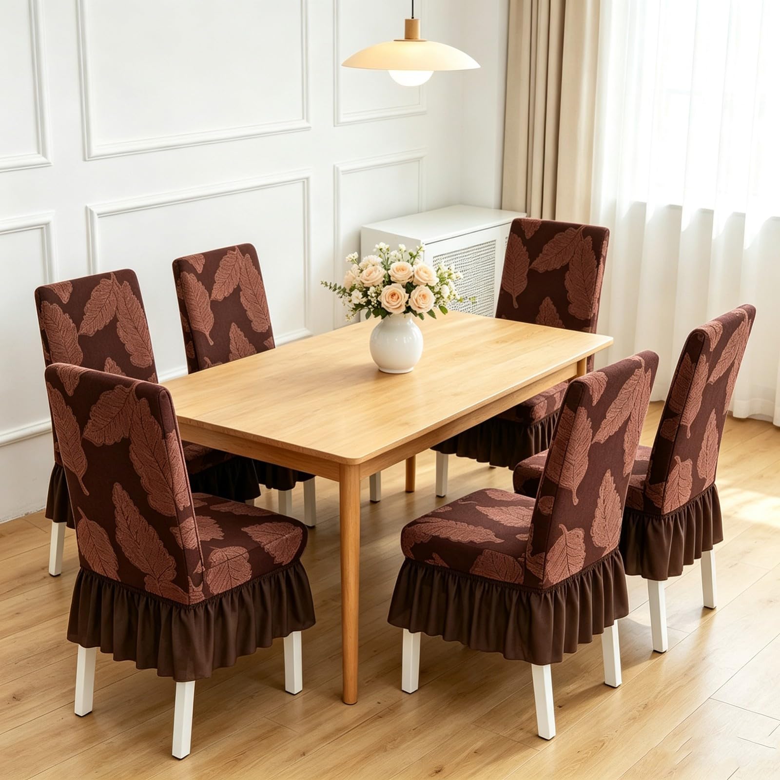 Esszimmer Stuhlhussen mit Rock,Stuhlhussen für Esszimmerstühle 2/4/6er-Set | Dehnbare Waschbar Stuhlbezug,Kratzfest und Katzenkratzfest(Beige,6Pcs)