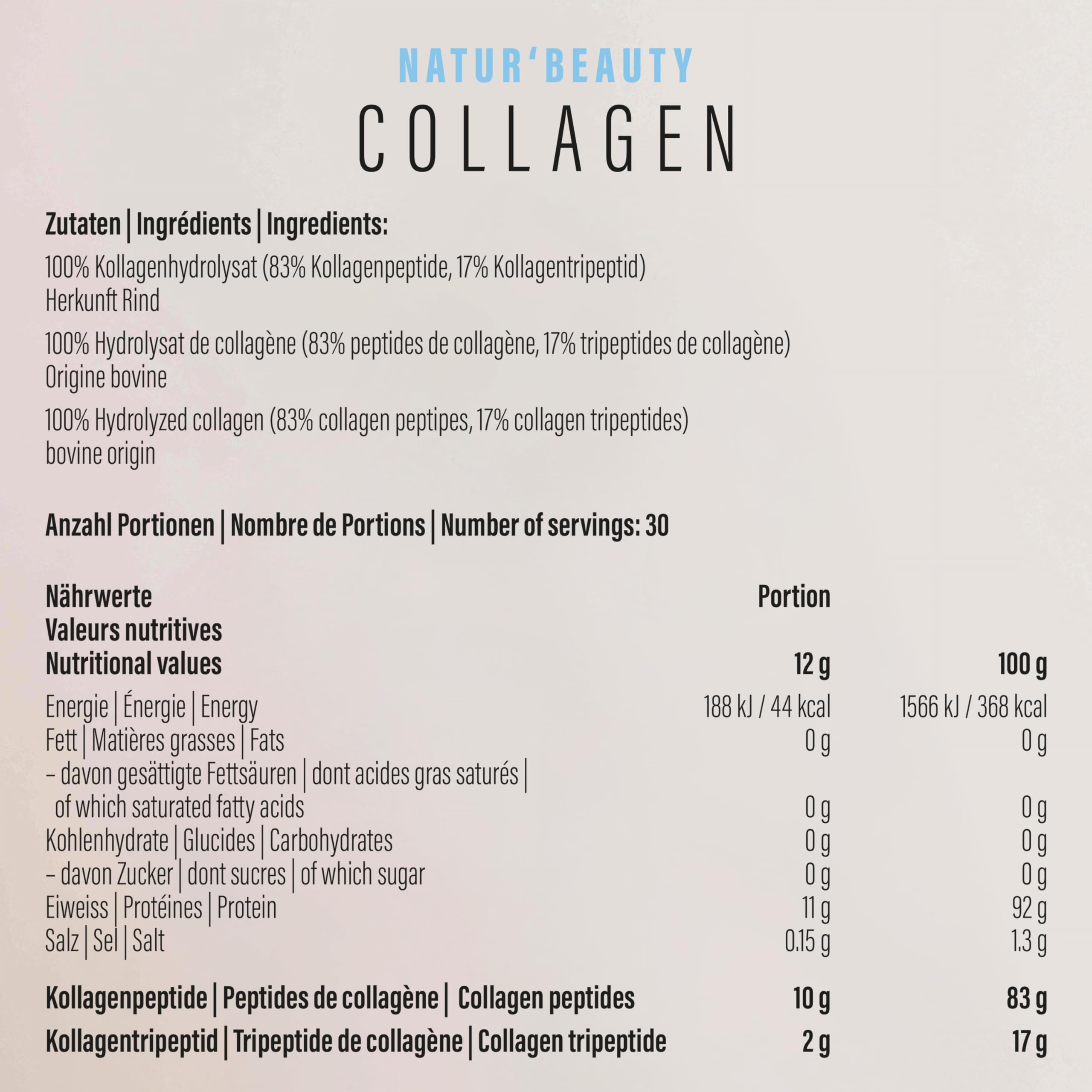 Natur'Beauty Collagen Pulver - 360g I Tripeptid-Kollagen Pulver - Made in Switzerland I 100% reines Kollagenhydrolysat (Rind) ohne Zusatzstoffe & Nachgeschmack I Kollagen Peptide