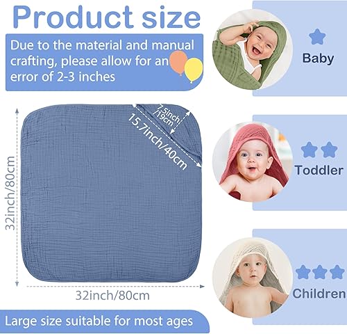 Miniatura 8 de Peryiter 6 toallas de muselina con capucha para bebé, 32 x 32 pulgadas, toalla de baño de algodón para recién nacido, toallas de muselina para bebé,