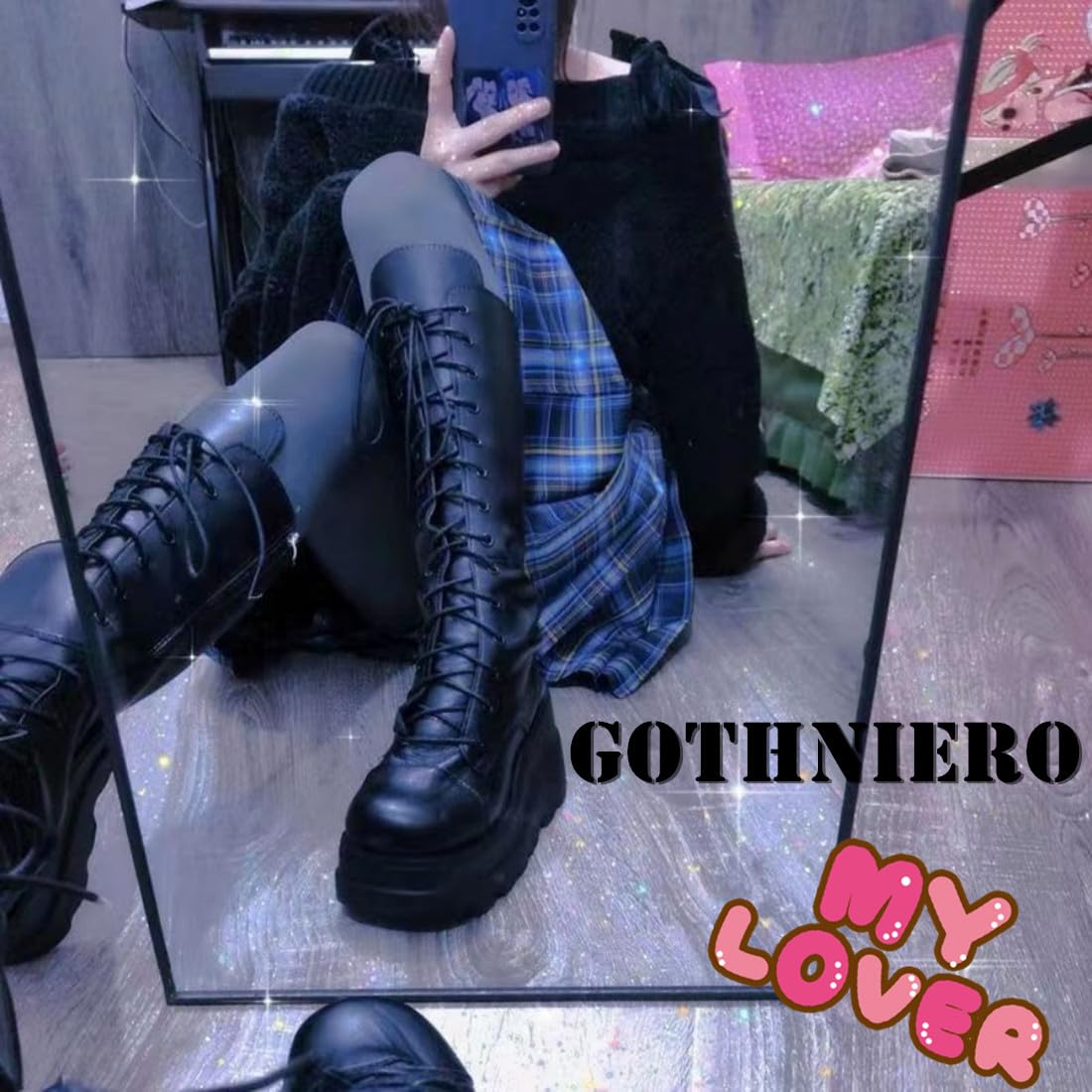Gothniero Women Black Platform Goth Boots Knee High Chunky Heel Gothic Boot Women Black Combat Motorcycle Booties Round Toe with Zip 3UK-8UK