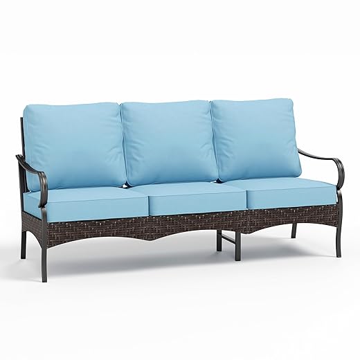 MFSTUDIO Outdoor Patio Furniture Set, Metal Outdoor Conversation Sofa, Rattan Wicker Patio Sectional Sofa Set for Garden Backyard Lawn，Blue