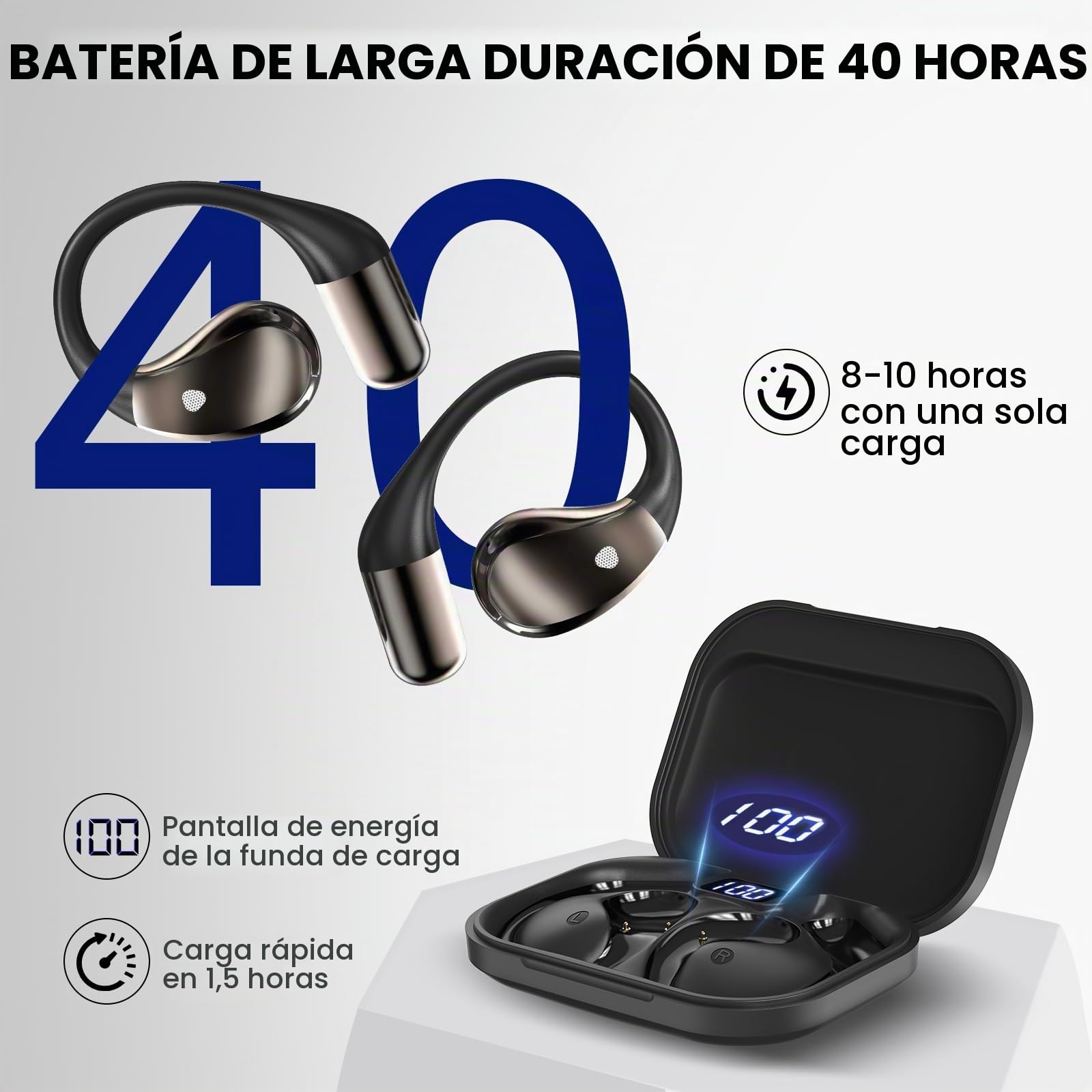 Auriculares inalambricos Deportivos, Bluetooth V6.0 lnalámbricos Cascos Hi-Fi Estéreo, 40H Llamada ENC HD Auriculares, Pantalla LED, IP7 Impermeable Auriculare Oreja Abierta para Sport/Running, Negro